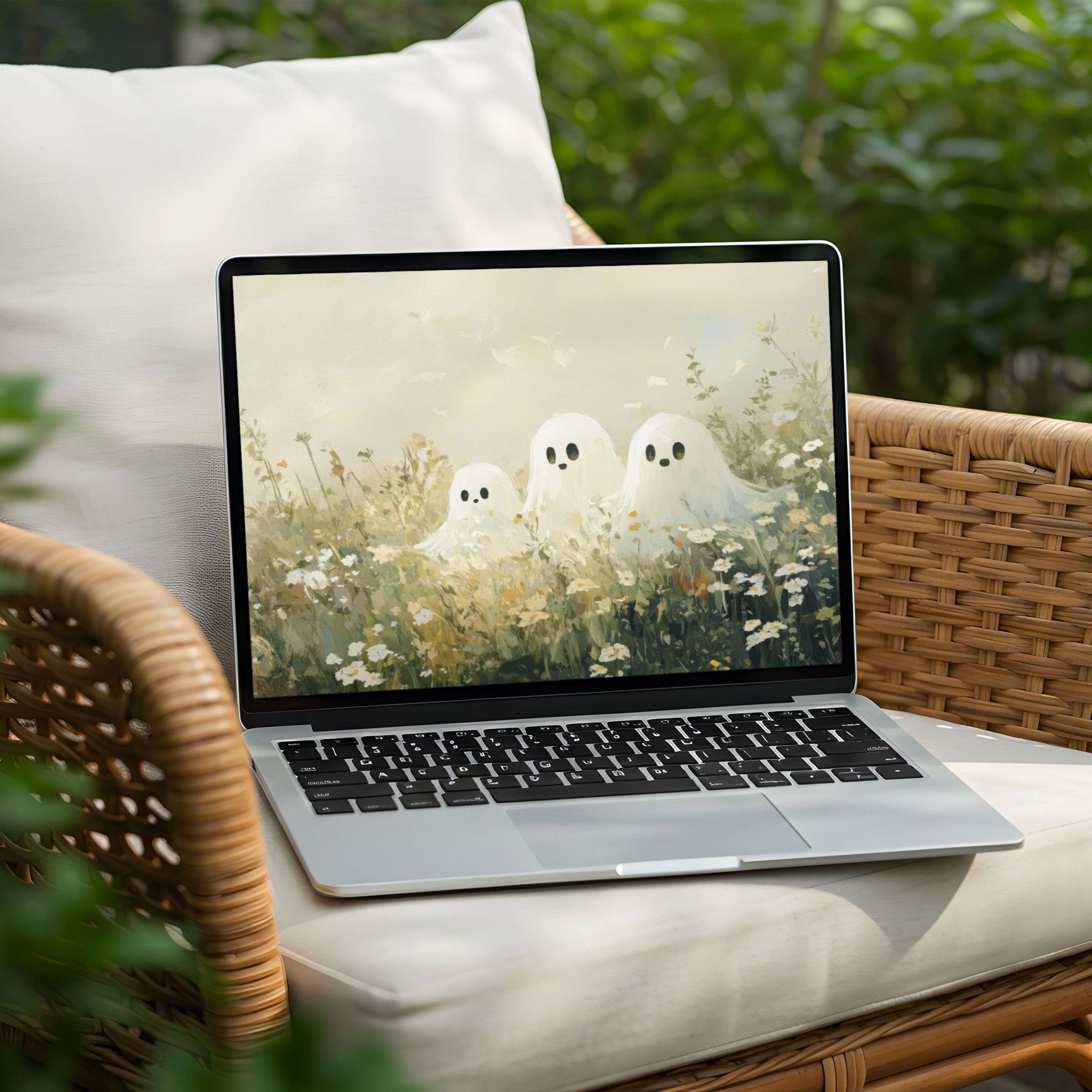 Enchanting desktop background with delicate ghosts in a serene meadow, perfect for a calming PC or Laptop instant download