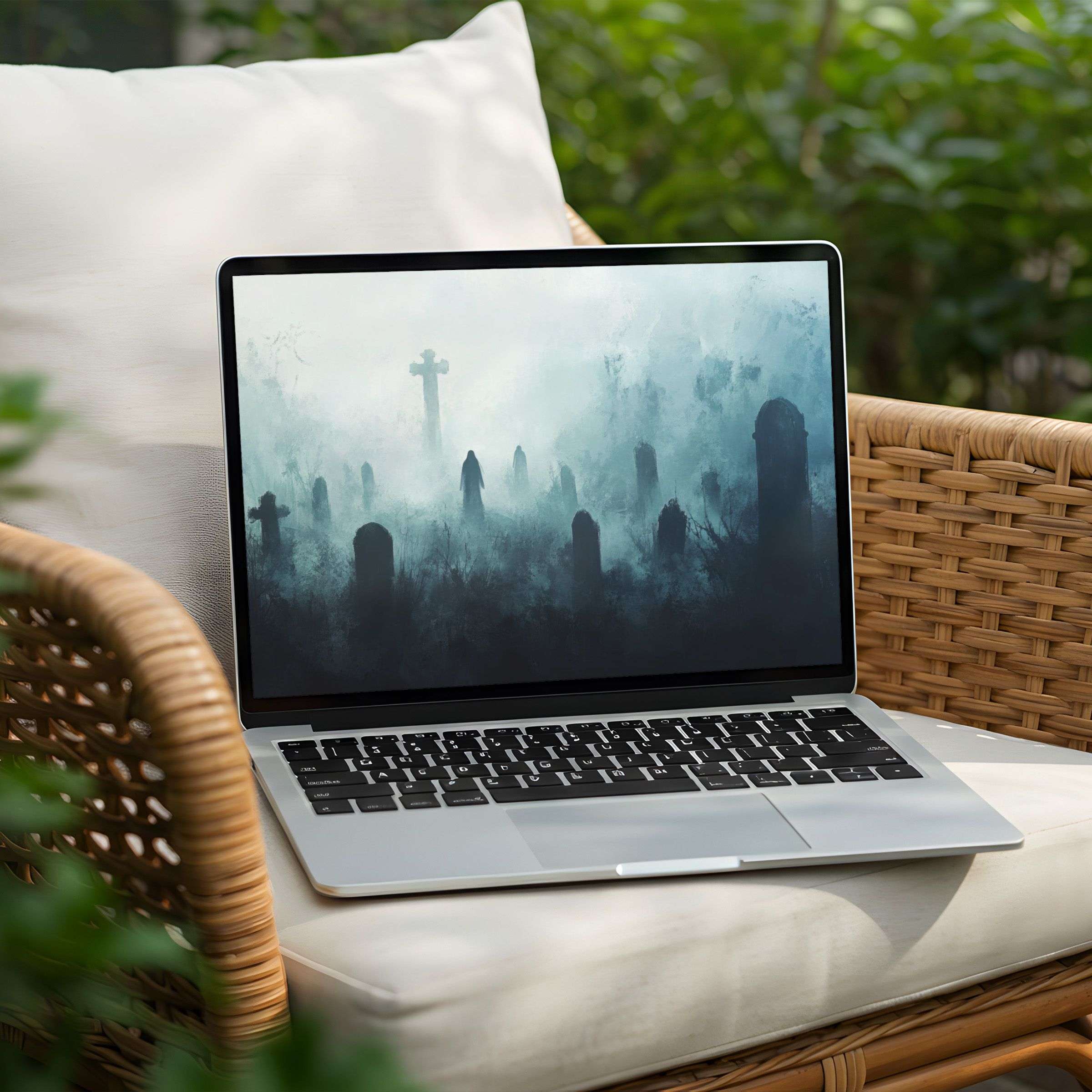 Serene misty cemetery art elevates your PC or Laptop desktop background with an instant download for calm, elegant inspiration