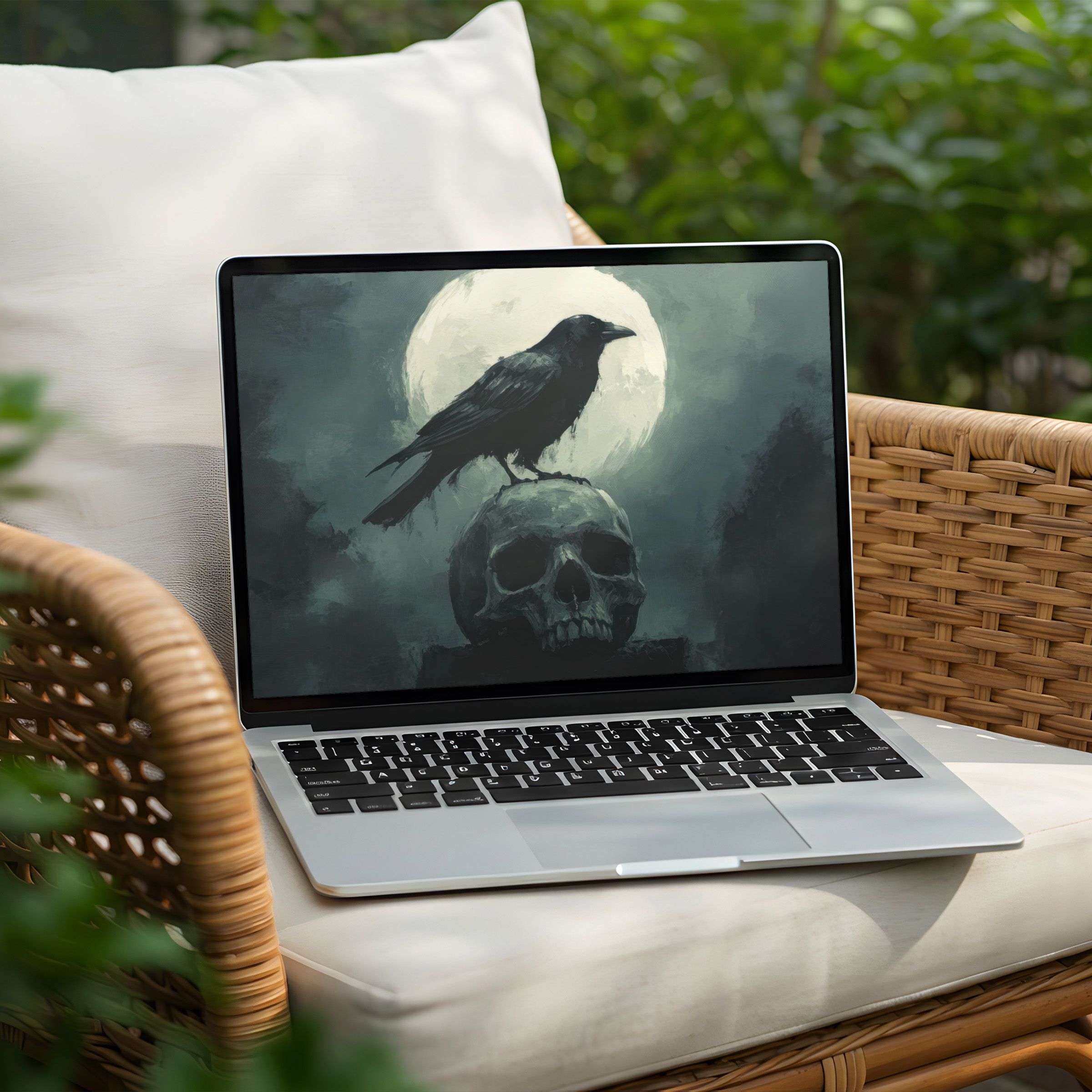 Inspire mindfulness with this elegant PC desktop background of a raven on a skull under a full moon; instant download for Laptop users