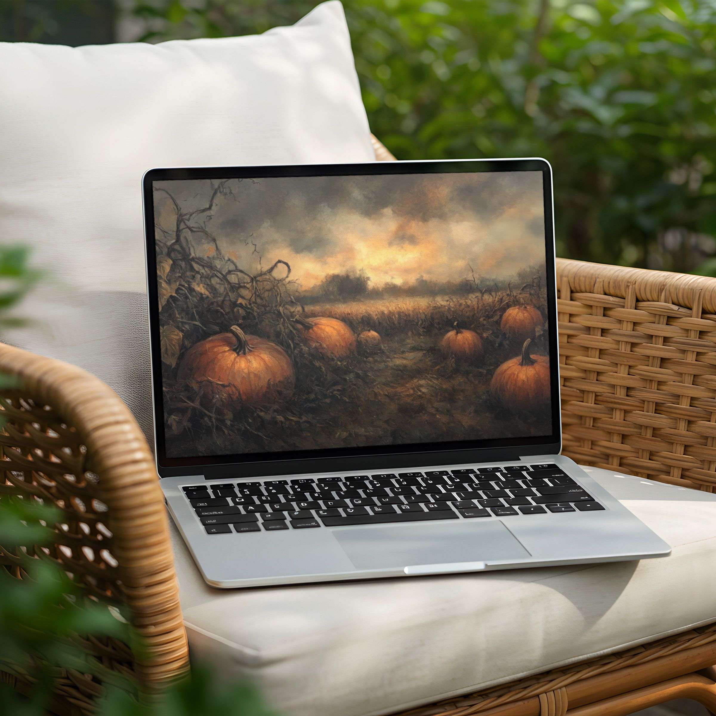 Elegant desktop background for PC or Laptop features a serene pumpkin field painting for instant download inspiring calm and mindfulness