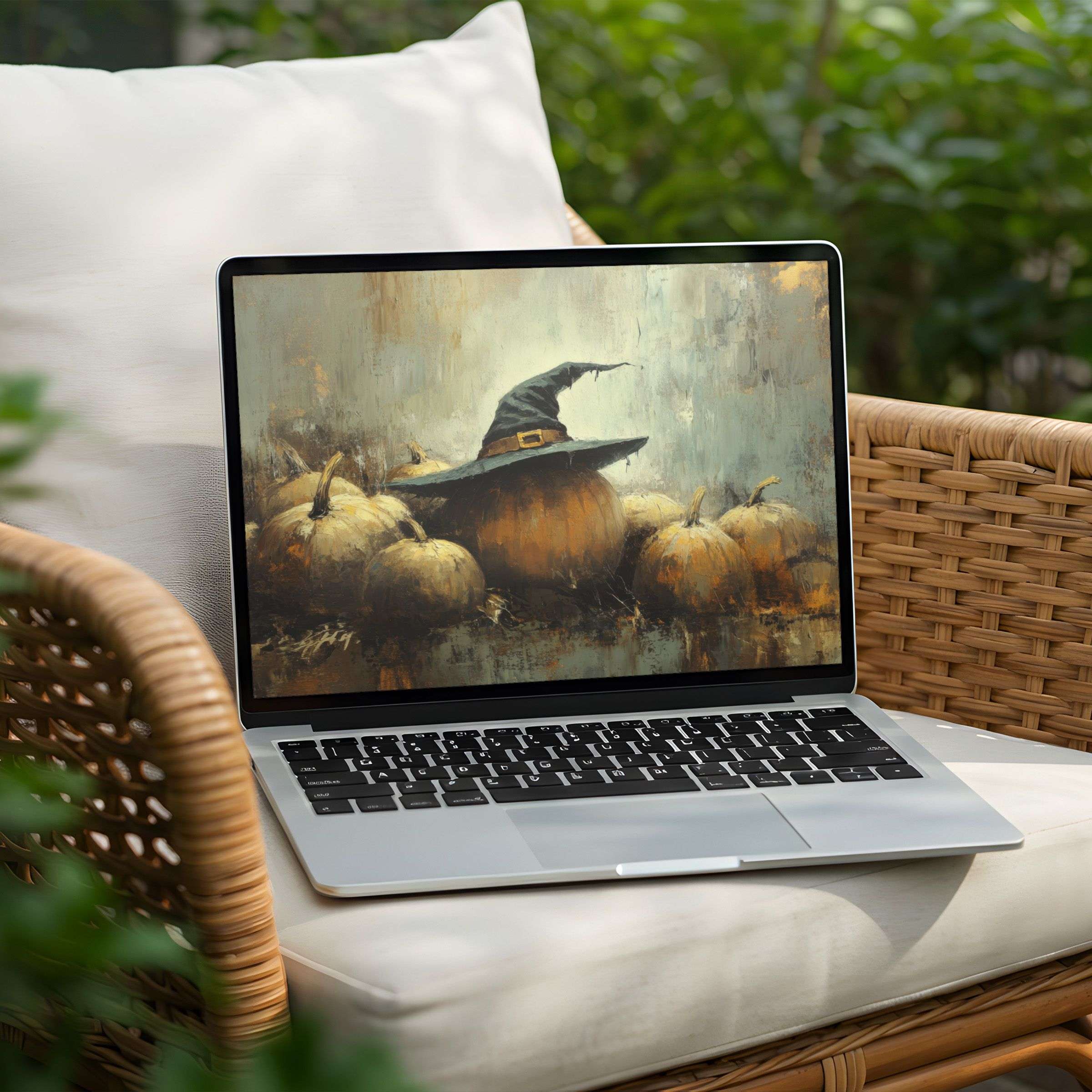 Evoke calm inspiration with this enchanting desktop background for PC or Laptop instant download showcasing rustic pumpkins and witch hat