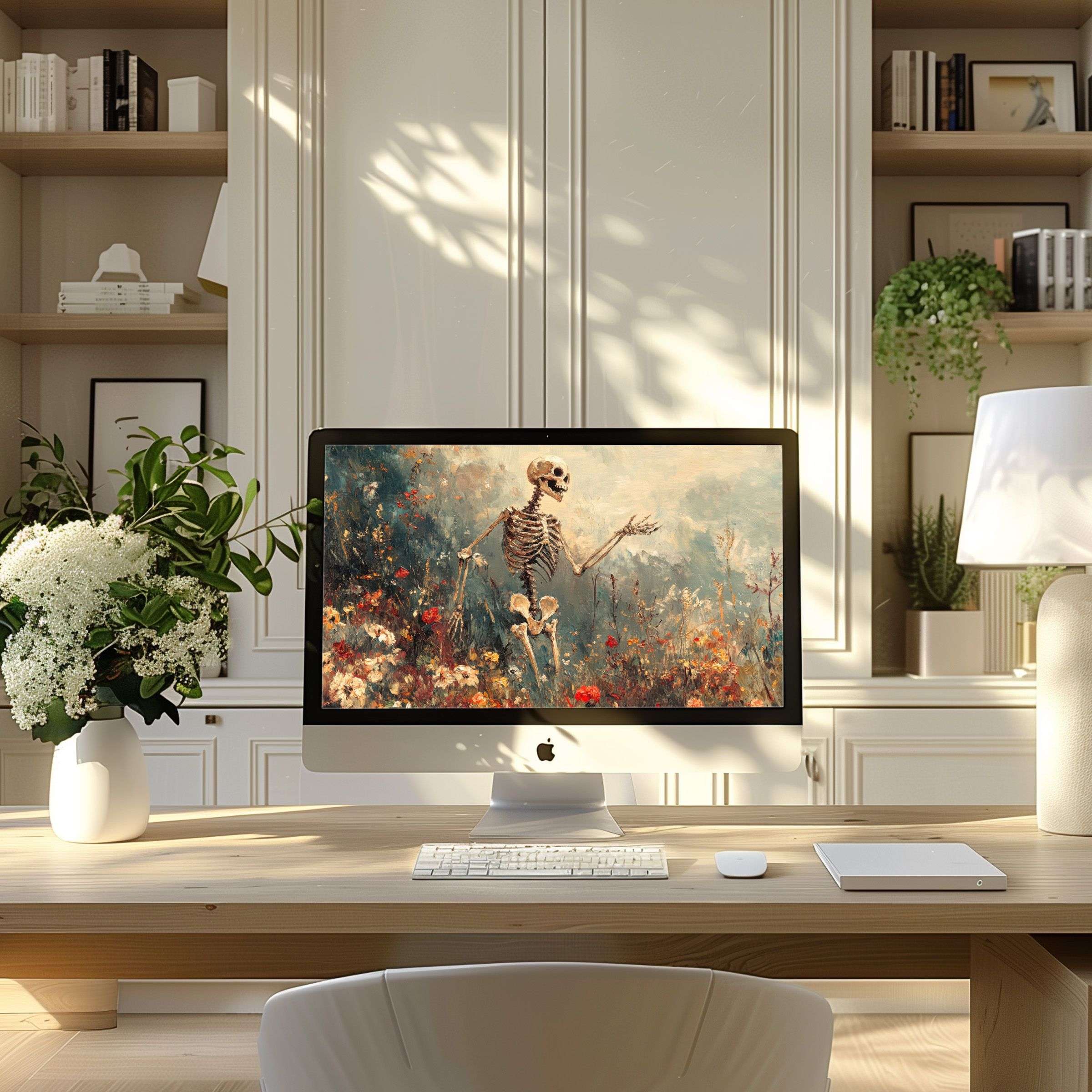 Inspire elegance with this serene skeleton motif wallpaper for computer, perfect for PC or laptop, enhancing modern home vibes