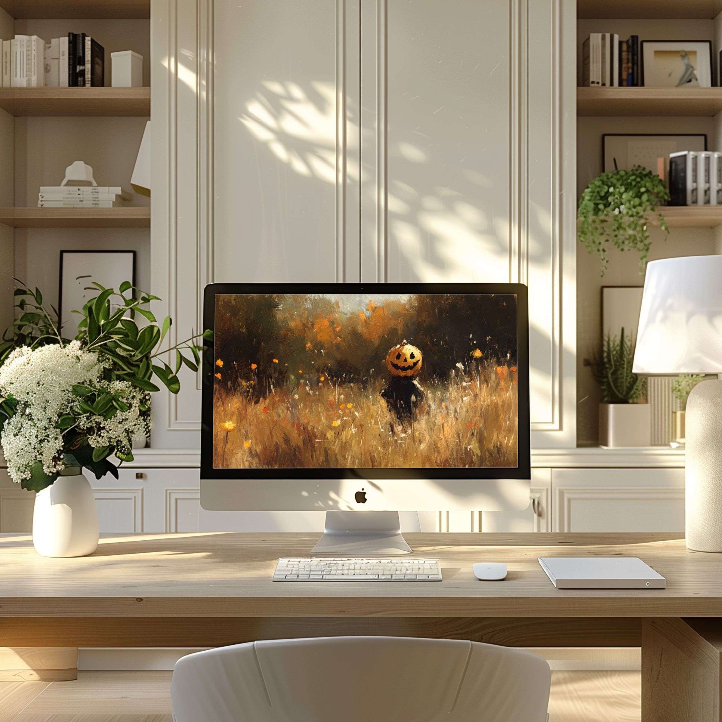 Elegant digital art wallpaper for computer, PC, and laptop, featuring serene autumn tones in a modern, calming home office setting