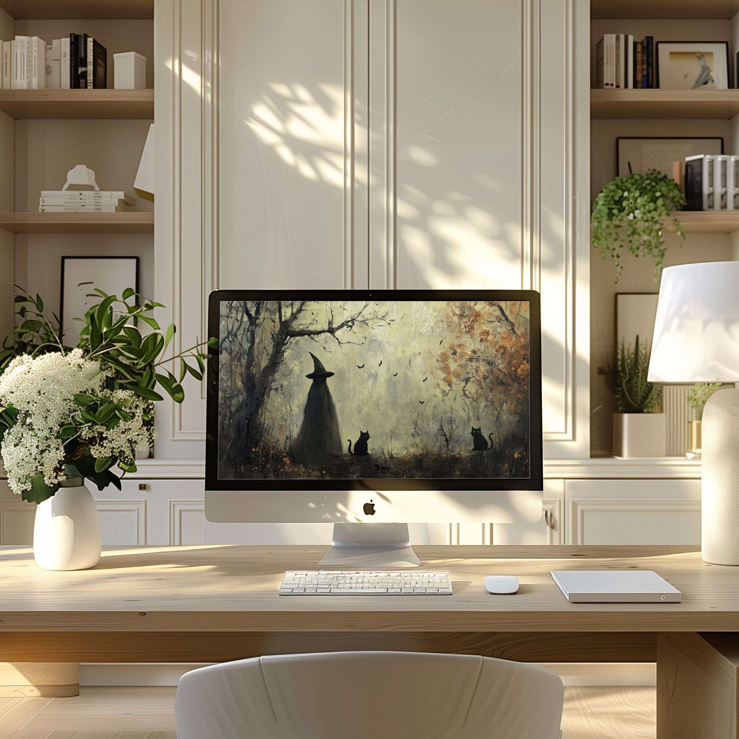 Elegant digital wallpaper for computer featuring a serene forest scene with a witch and cats, perfect for PC or laptop users seeking inspiration