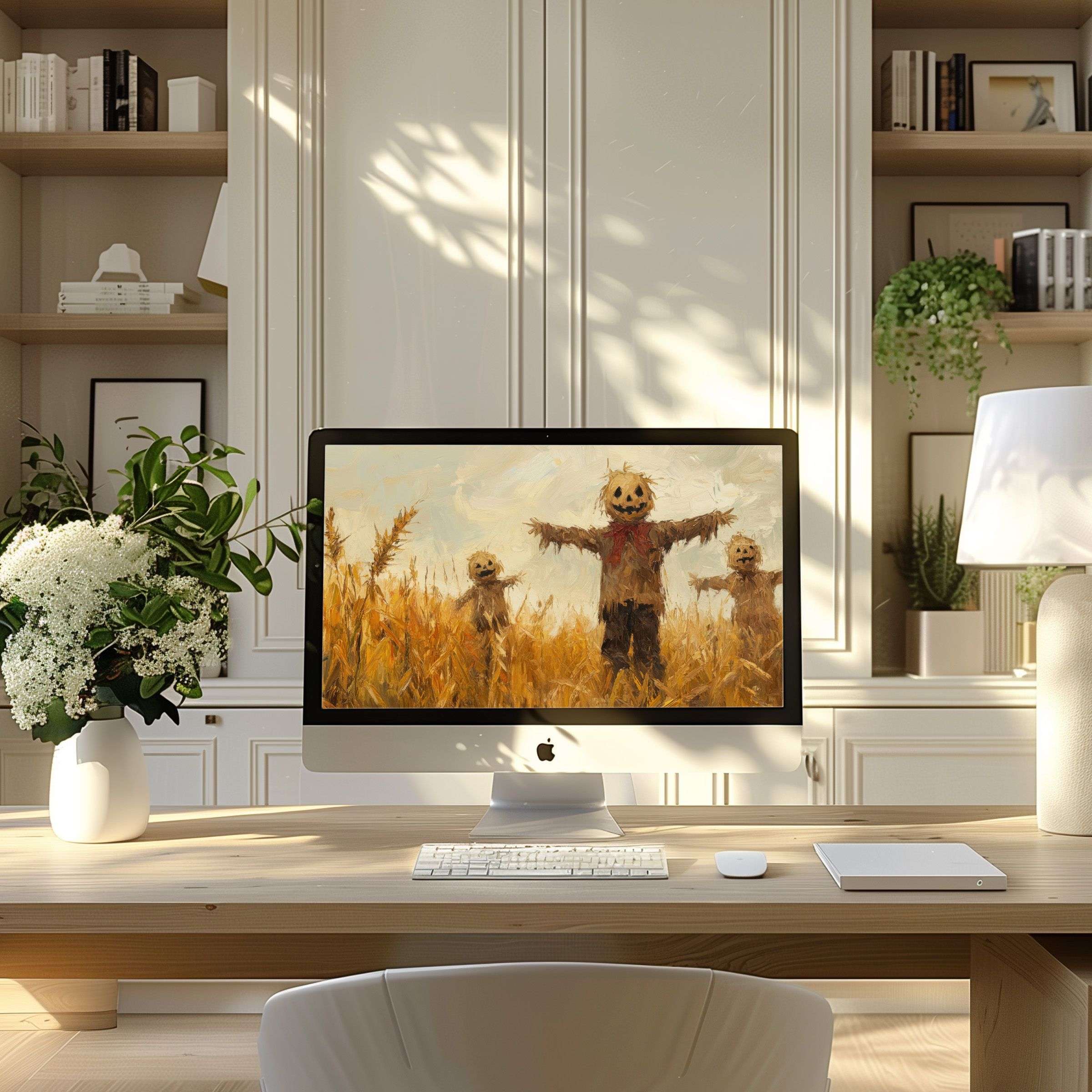 Elegant scarecrow motif wallpaper for computer enhances modern home office serenity ideal for PC laptop ultrawide digital download