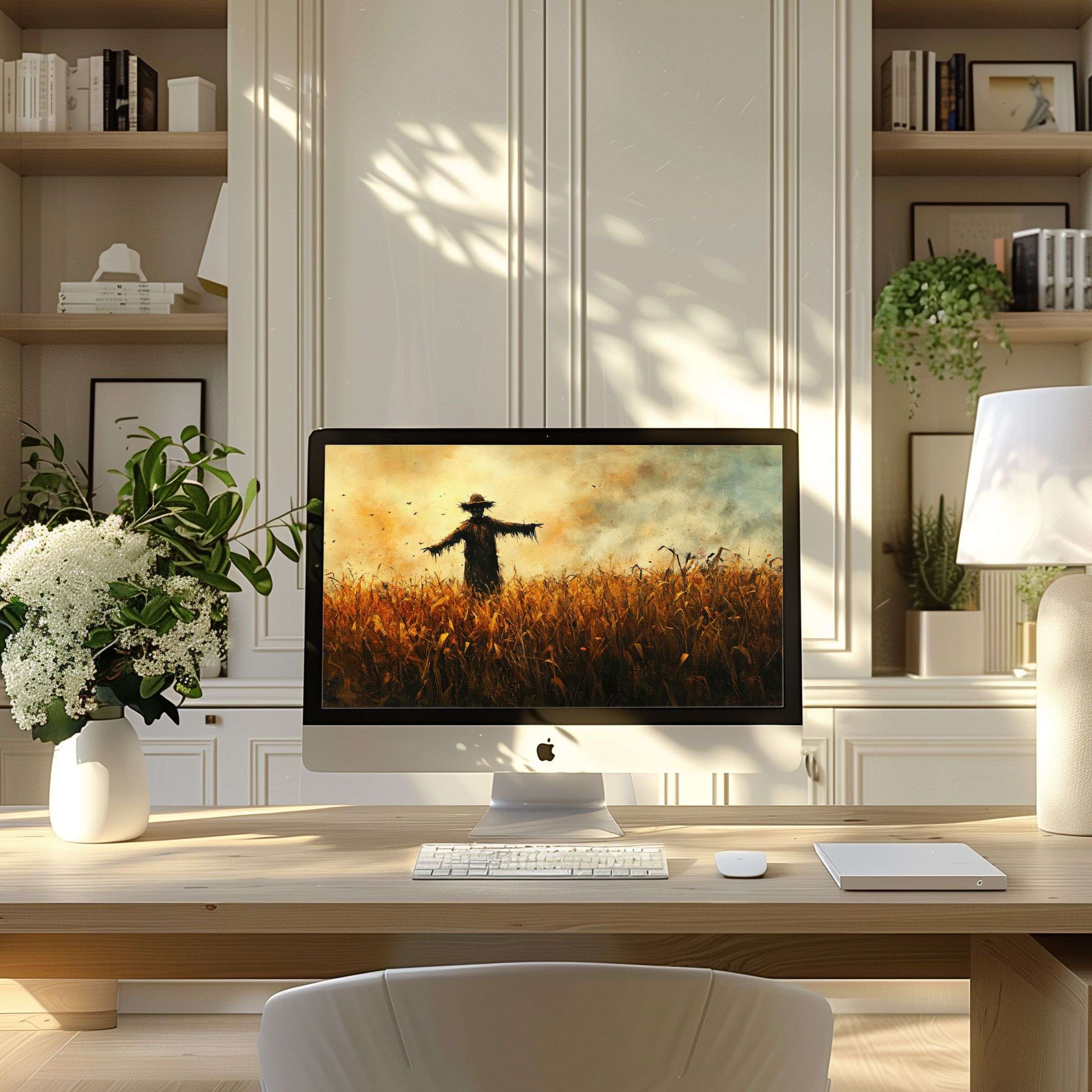 Wallpaper for computer featuring a scarecrow in golden fields, creates elegant inspiration for PC and laptop users, perfect for digital download