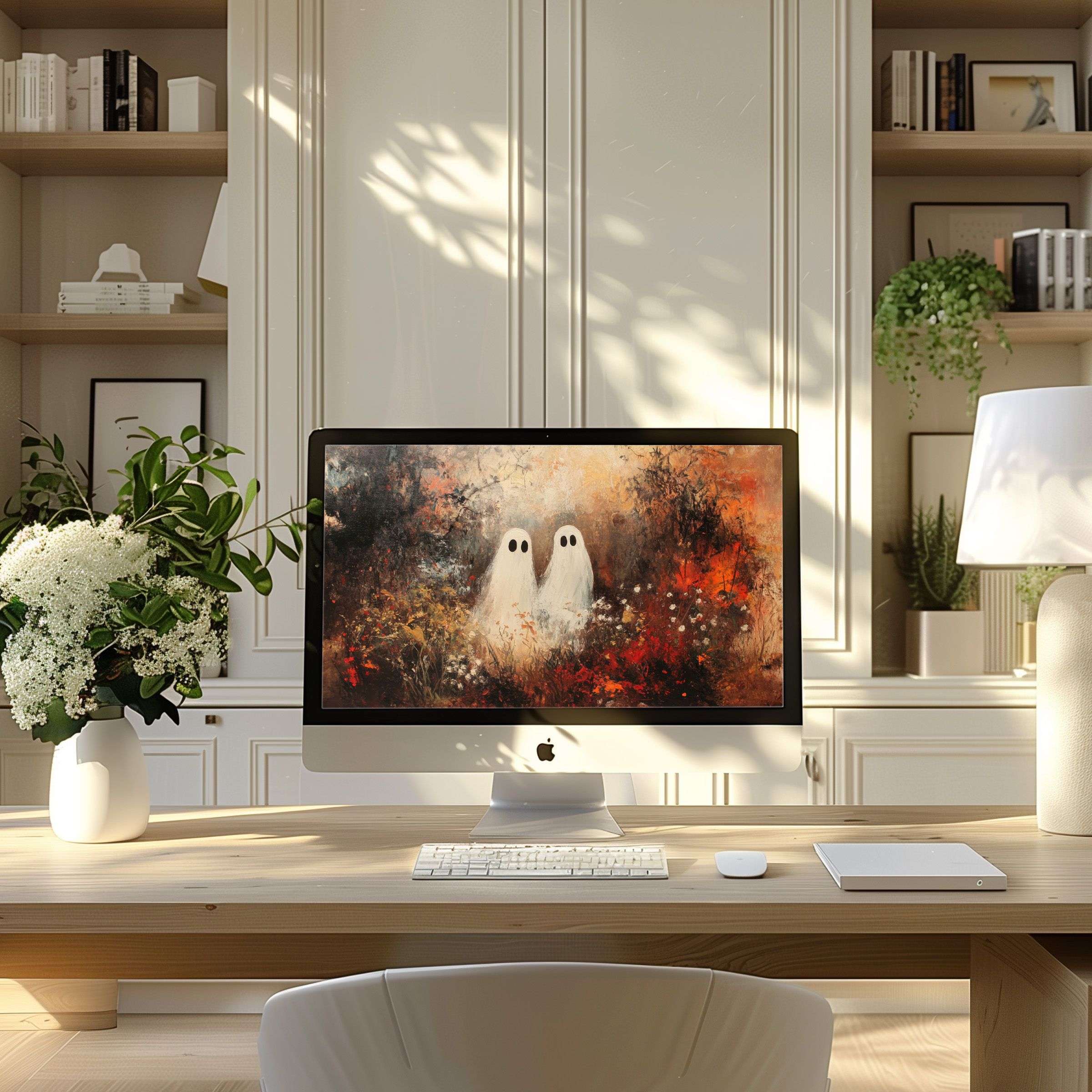 Elegant ghost-inspired digital art adds calm to your modern office, perfect as wallpaper for computer, PC, or laptop download