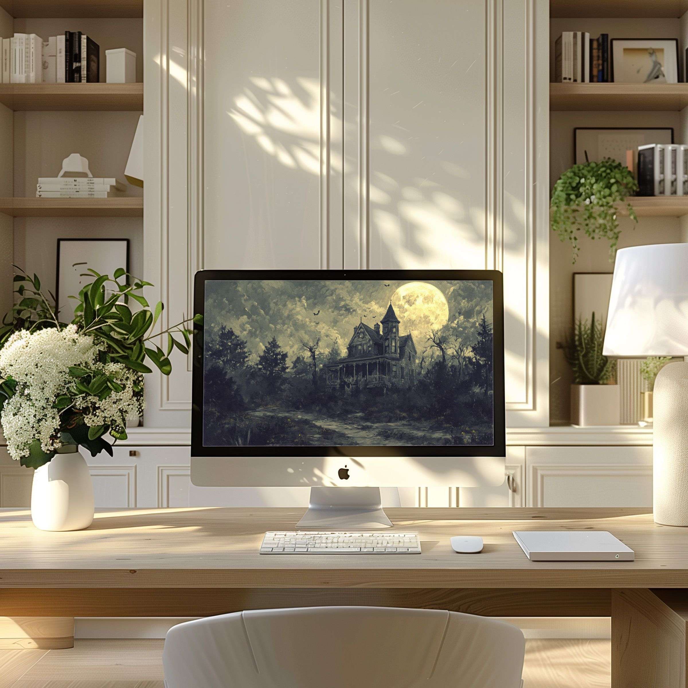 Elegant digital art wallpaper for computer showcasing a serene moonlit landscape fits PC, Laptop, or ultrawide download