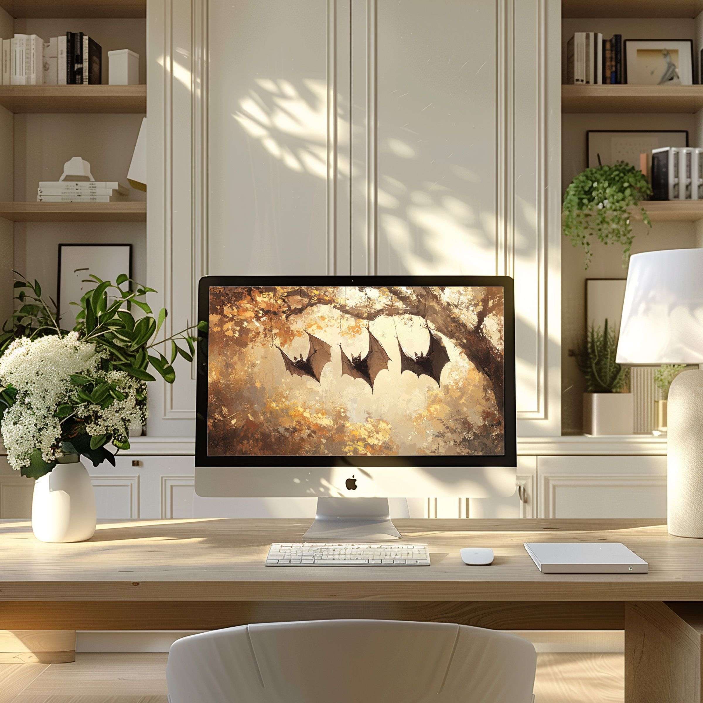 Elegant digital artwork features muted autumn tones and serene motifs, perfect wallpaper for computer and Laptop enhancing modern PC spaces