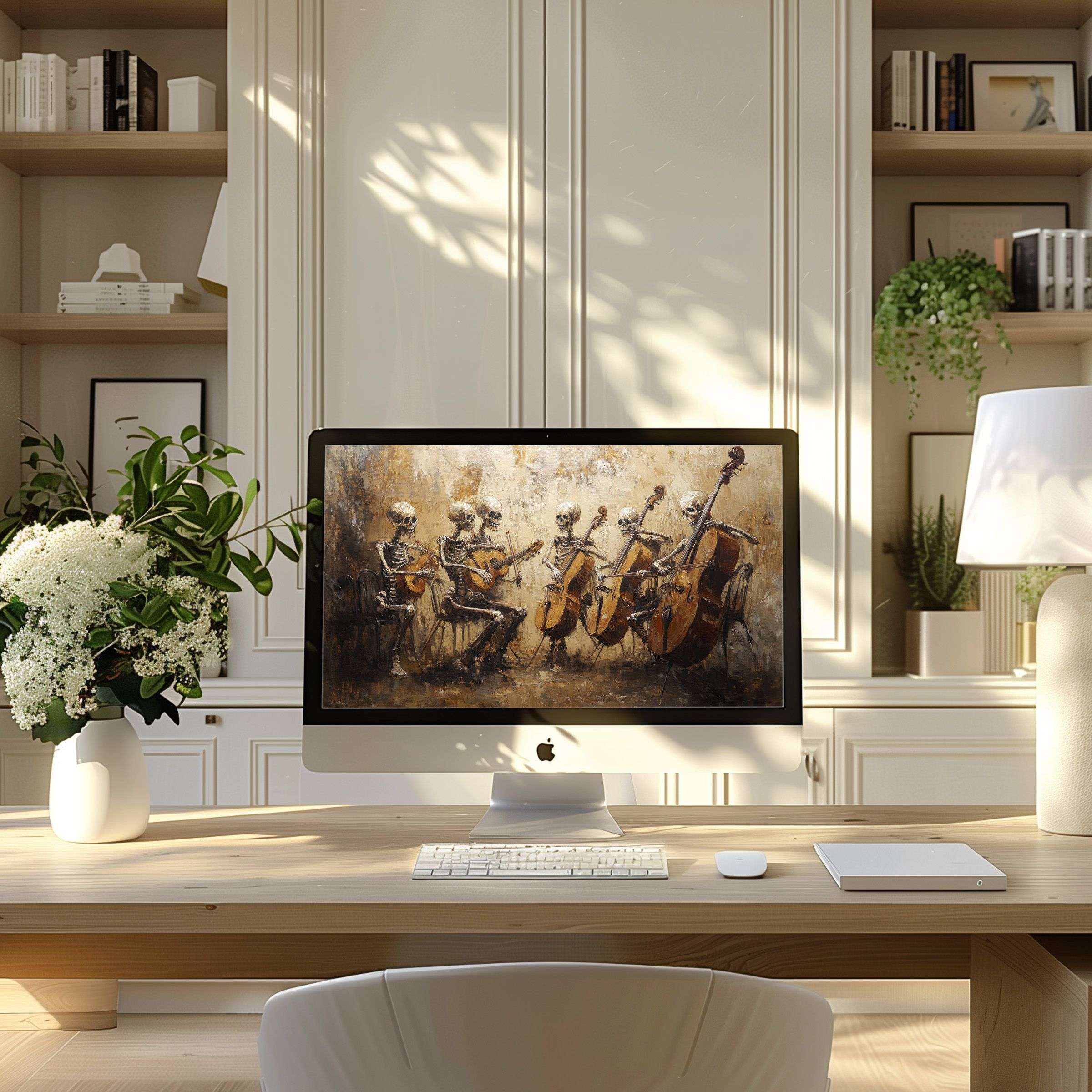 Skeleton orchestra digital art as wallpaper for computer, PC, laptop in a modern home office inspires calm elegance and creativity
