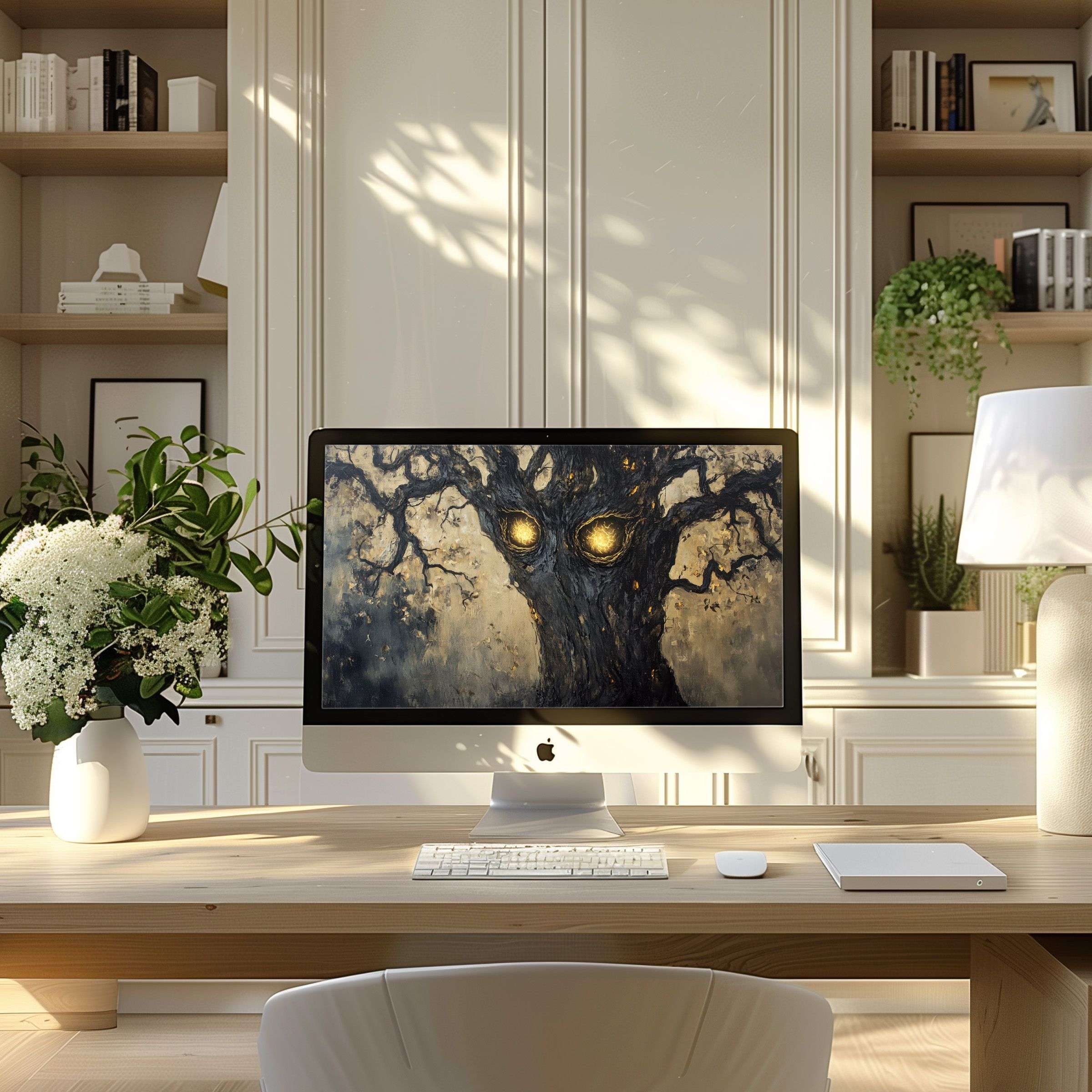 Elegant tree motif wallpaper for computer on PC and laptop offers calm inspiration in a modern home office digital download