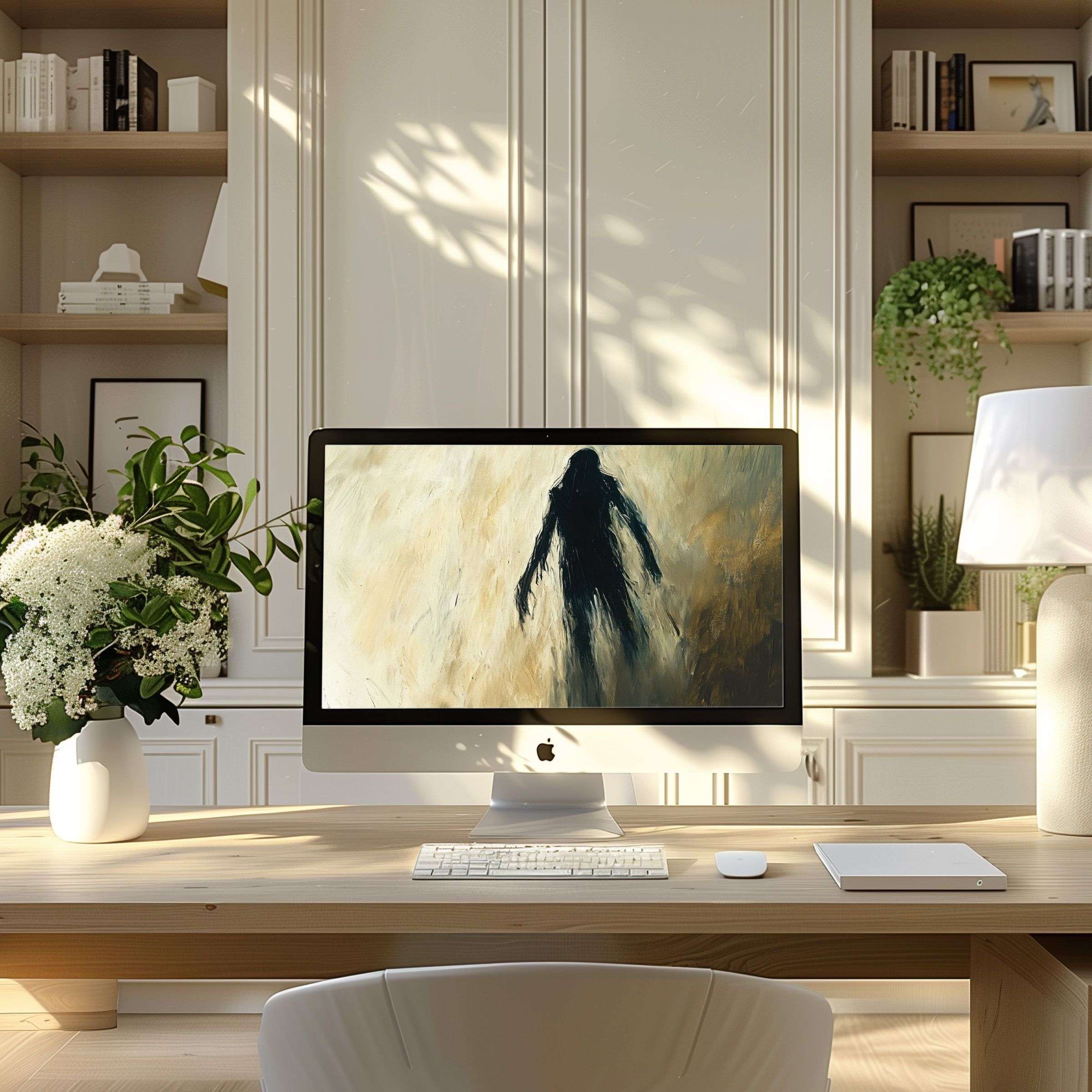 Majestic abstract art in grayscale blends harmoniously in a modern home office as a wallpaper for computer PC and laptop screens