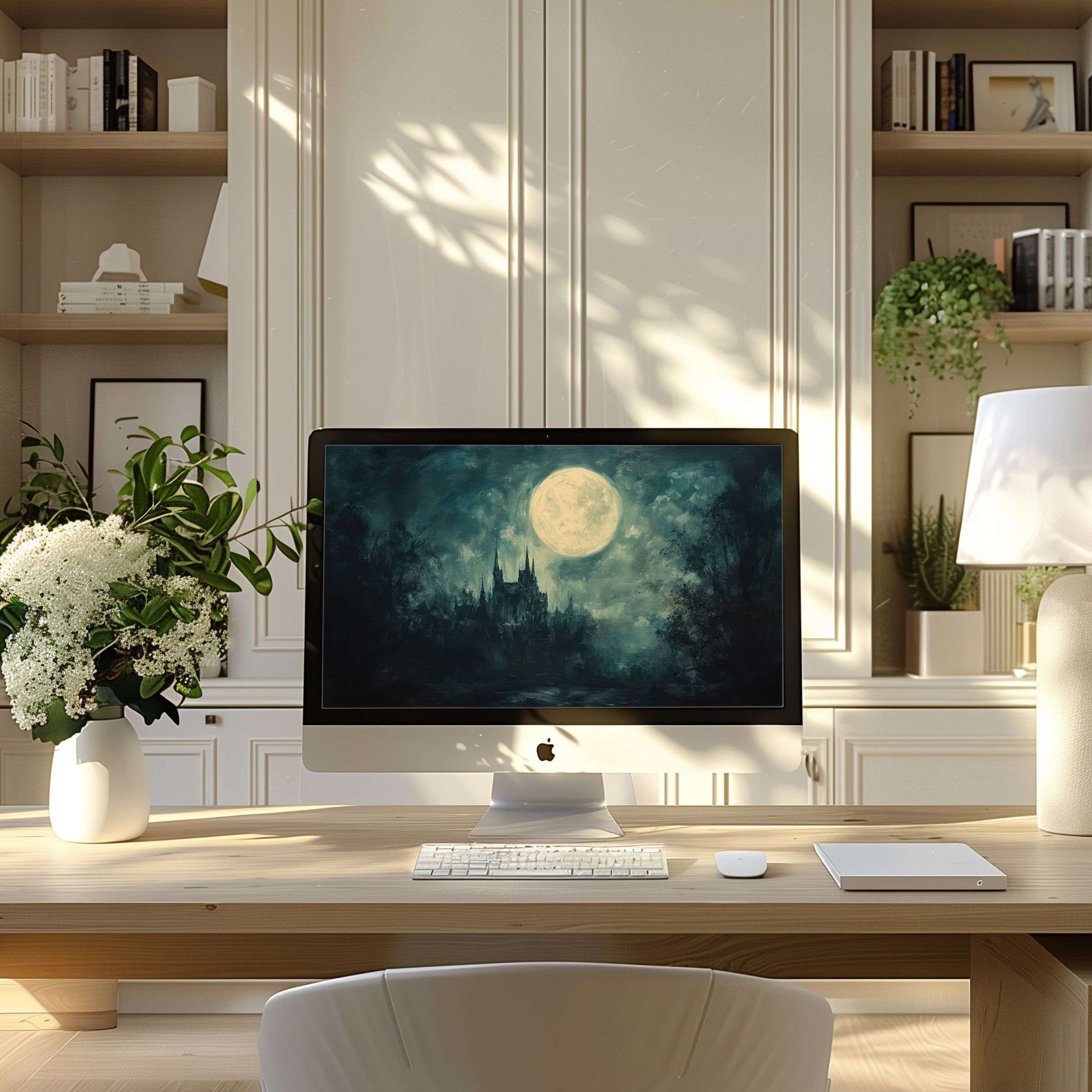 Elegant full moon digital art wallpaper for computer, PC, and laptop fits any modern home office inspiring calm and aesthetics