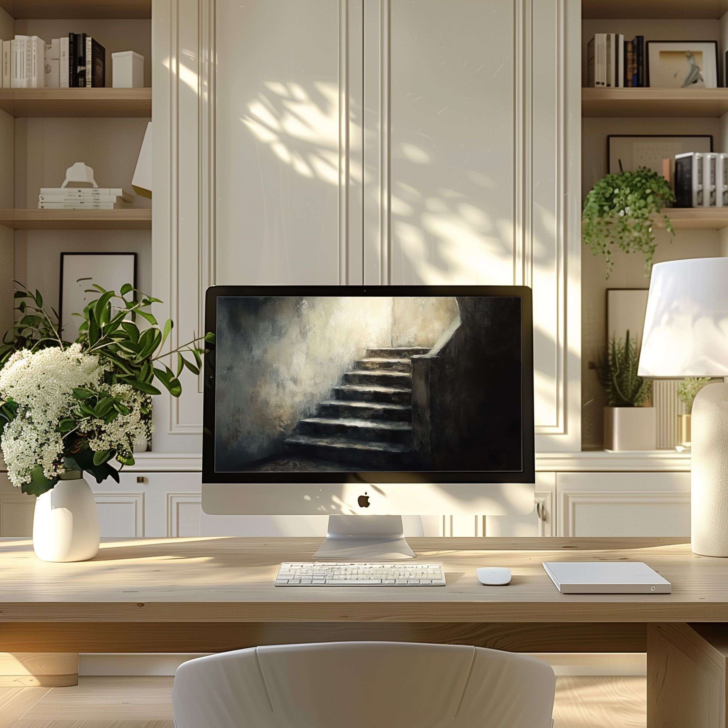 Elegant staircase digital art enhances your PC, laptop wallpaper for computer, inspiring calm in a chic, modern home office setting