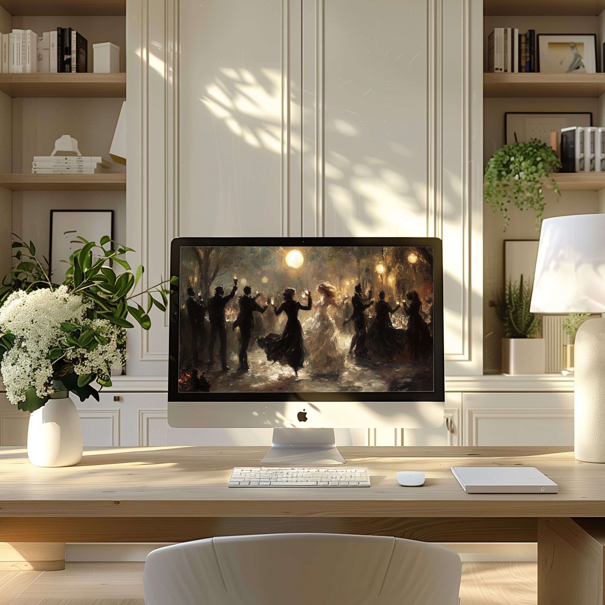 Elegant digital art wallpaper for computer enhances calm in modern home office inspiring elegance on PC and Laptop screens