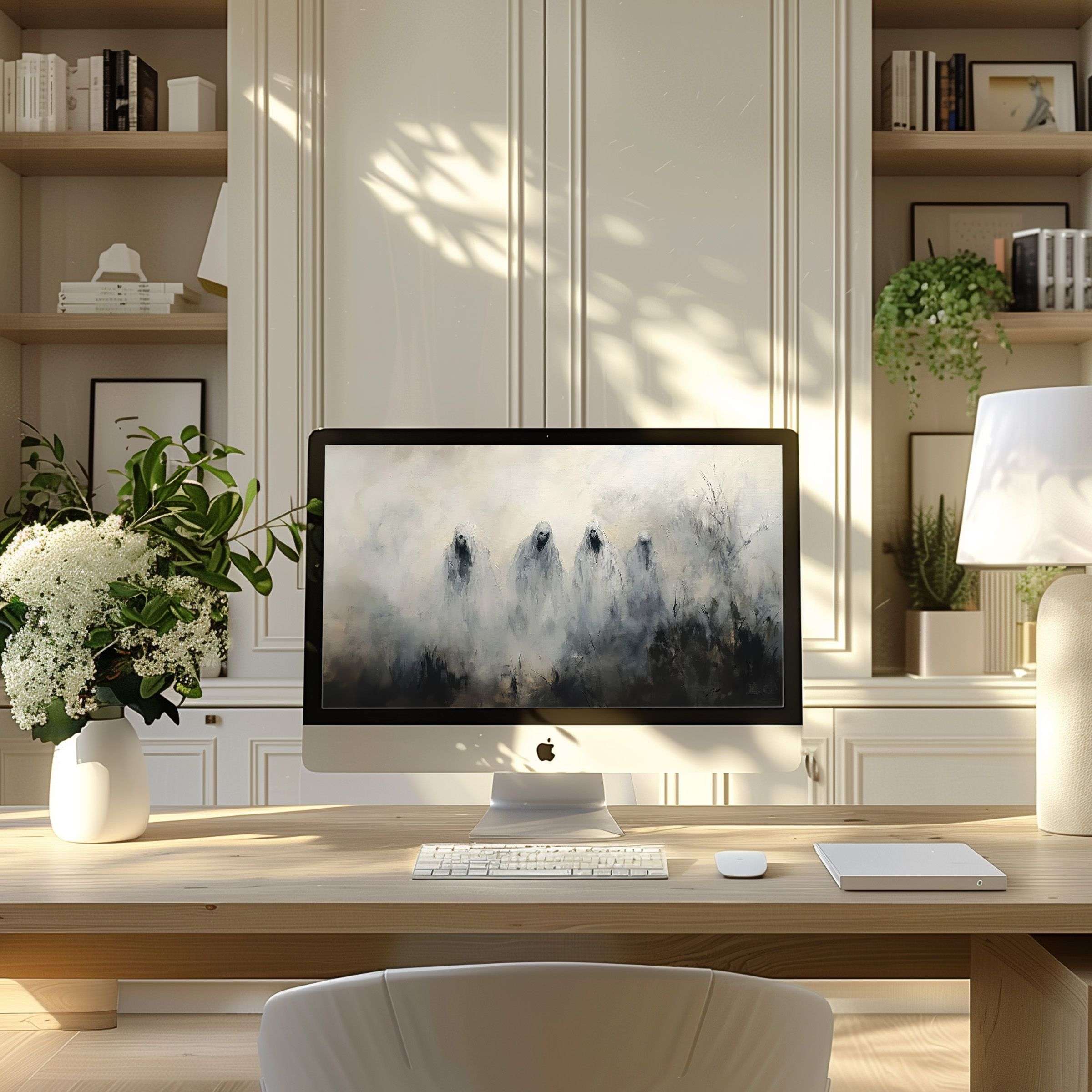 Elegant misty digital art as wallpaper for computer enhances any modern home office PC or laptop inspiring calm and creativity