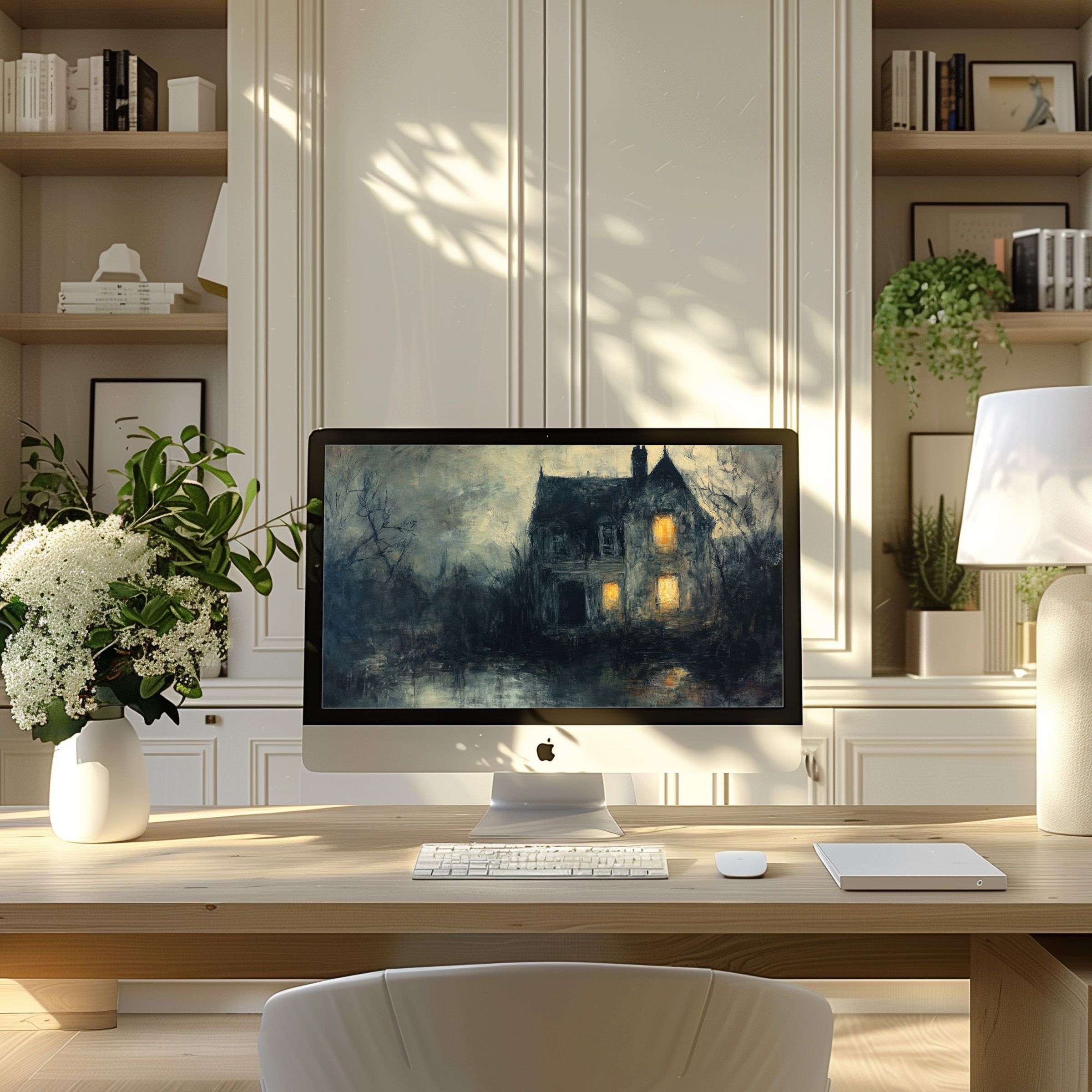 Inspire elegance with this serene digital art wallpaper for computer on your PC or laptop in a modern home office setting