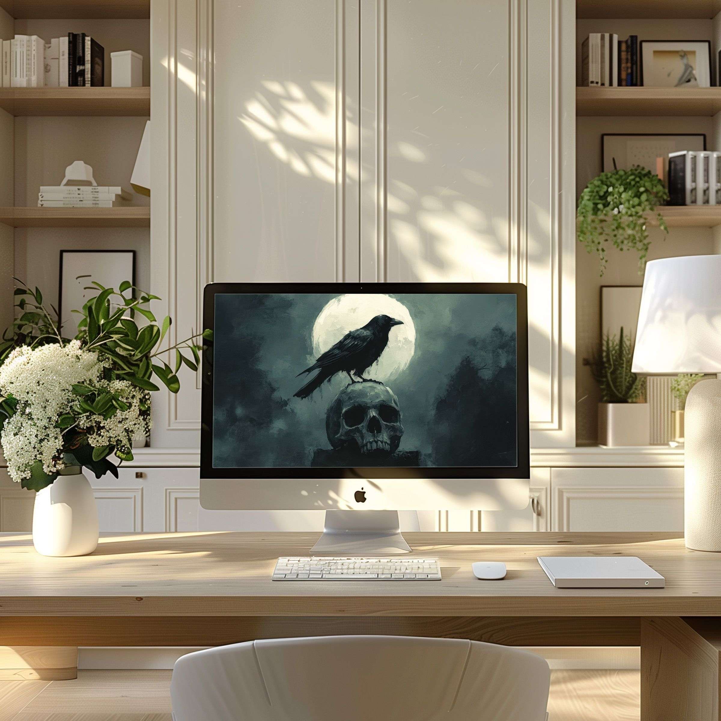 Elegant raven and skull motif wallpaper for computer inspires calm in modern office, fitting PC, laptop, ultrawide screens