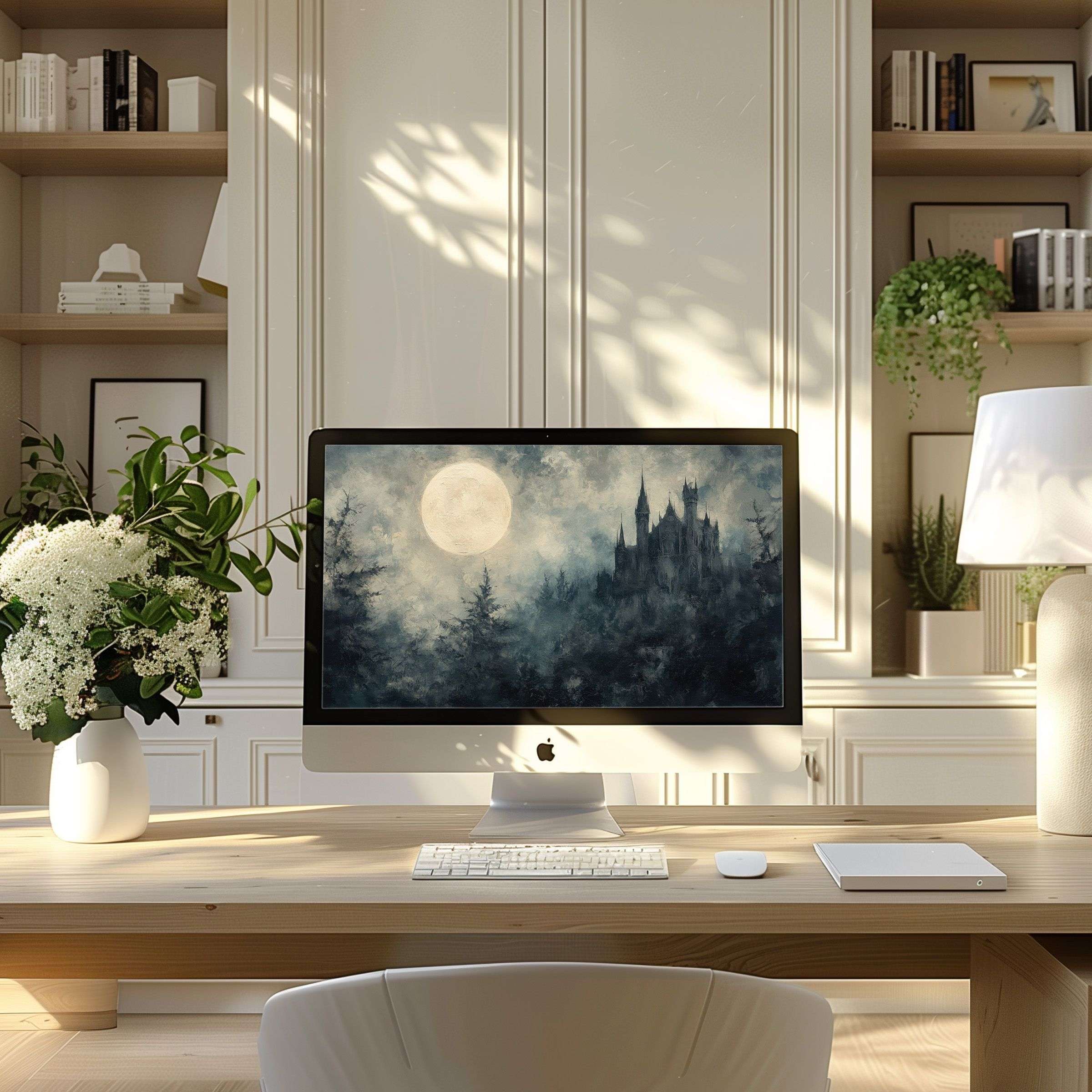 Elegant castle in moonlight digital art as wallpaper for computer PC or laptop inspires calm in a modern home office setting