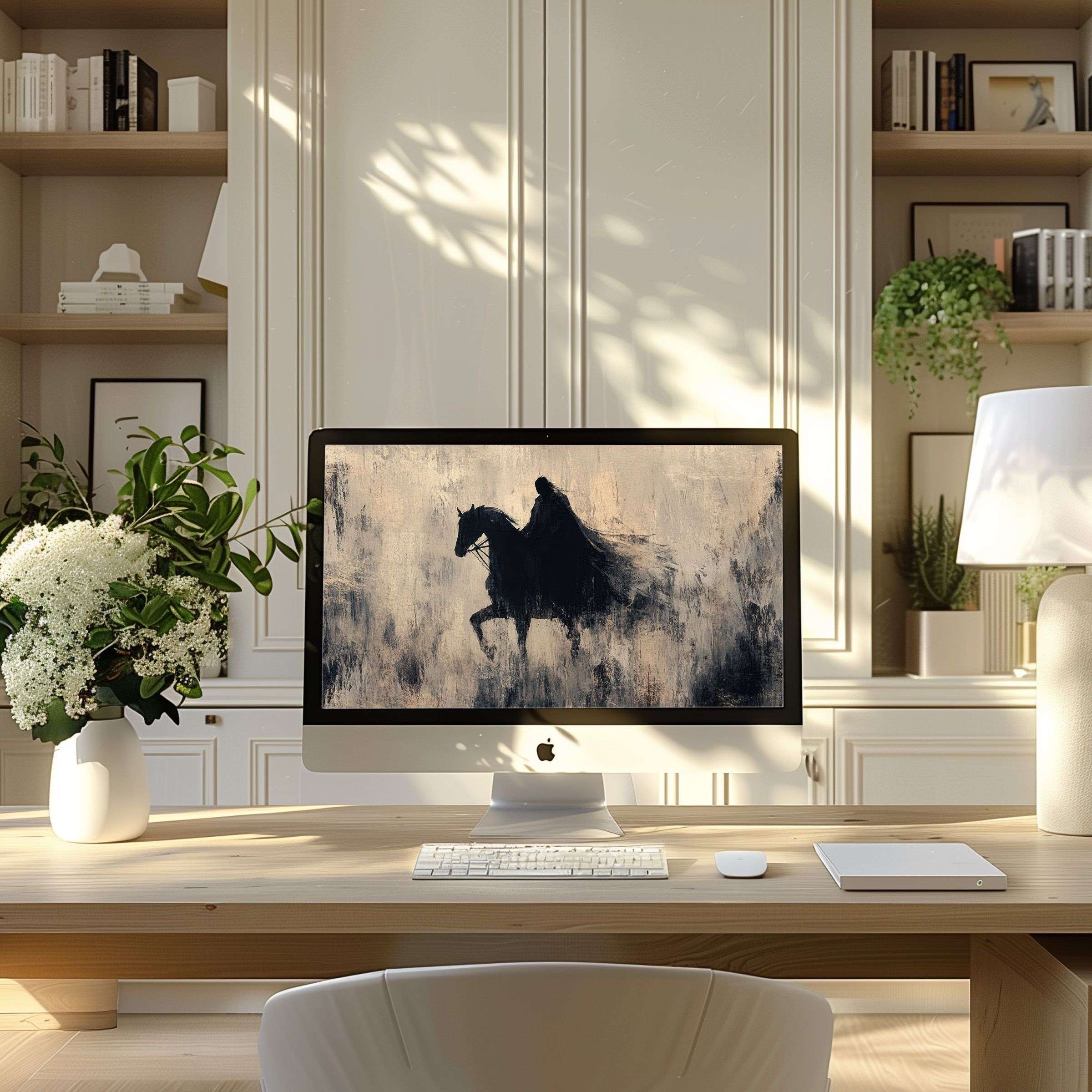 Elegant digital art wallpaper for computer showcasing a silhouetted rider inspires calm in modern home office perfect for PC laptop