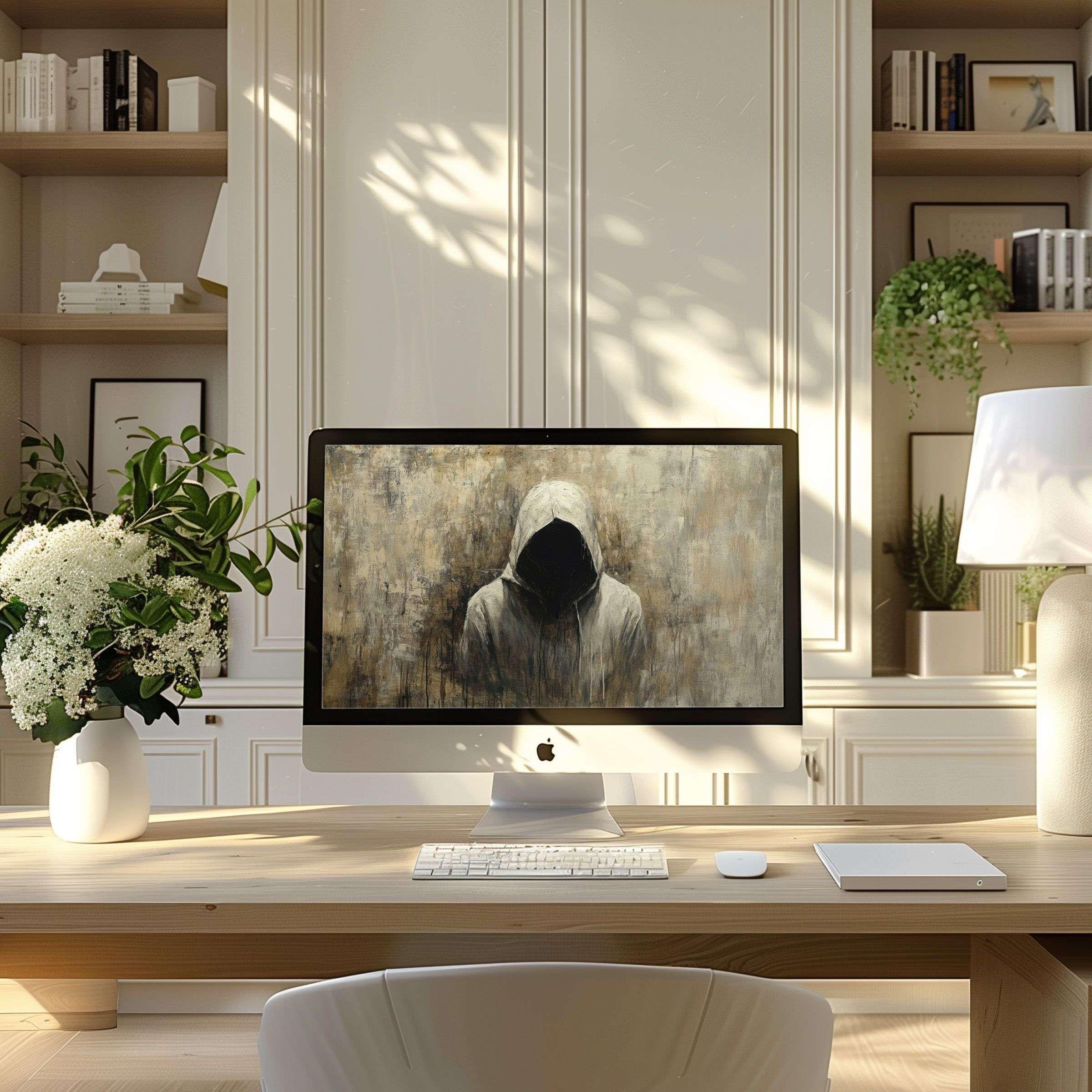 Elegant digital art in neutral tones adds calm and inspiration to any modern home office wallpaper for computer, PC, and laptop