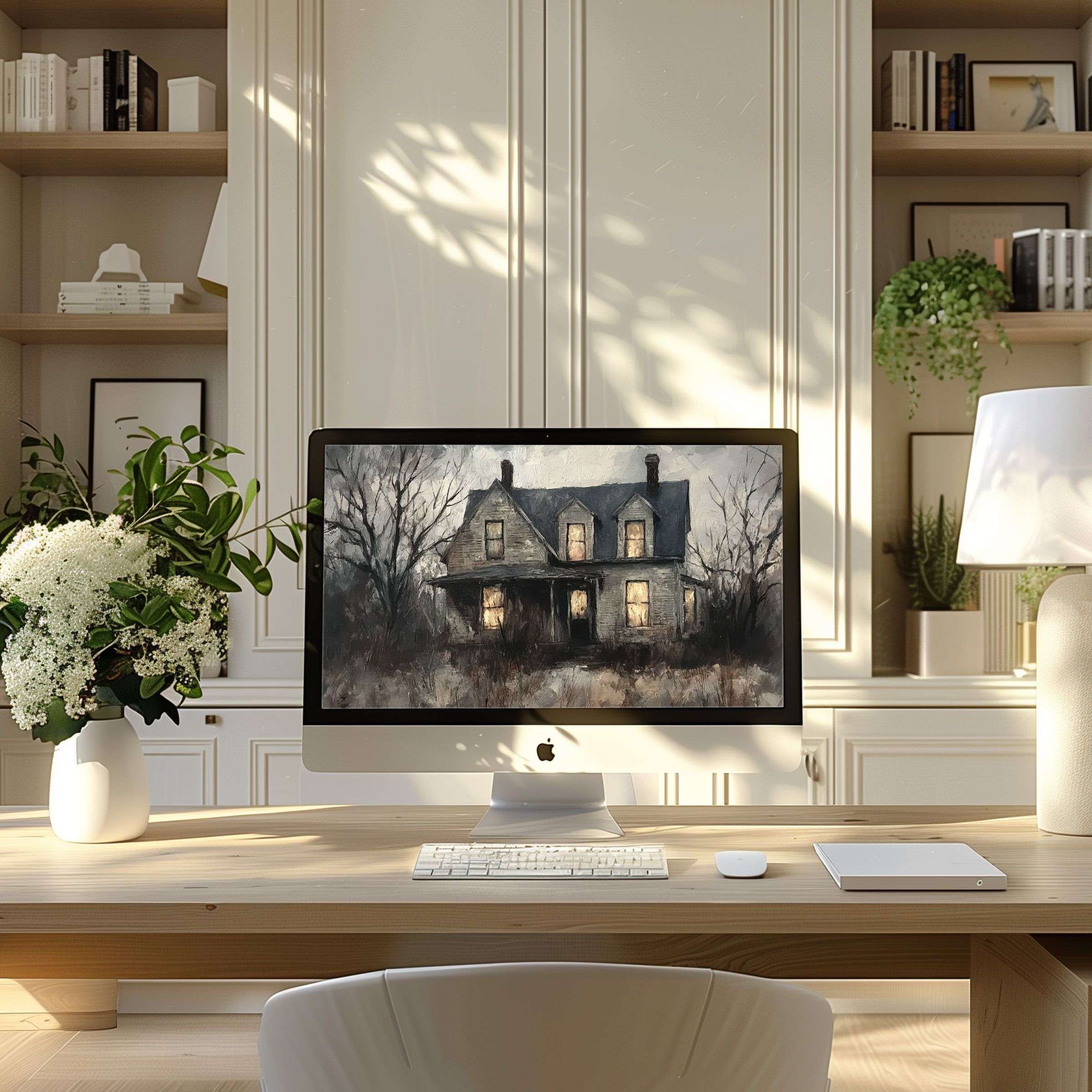 Vintage house artwork as an elegant wallpaper for computer in a serene modern home office setting fits any PC or laptop download