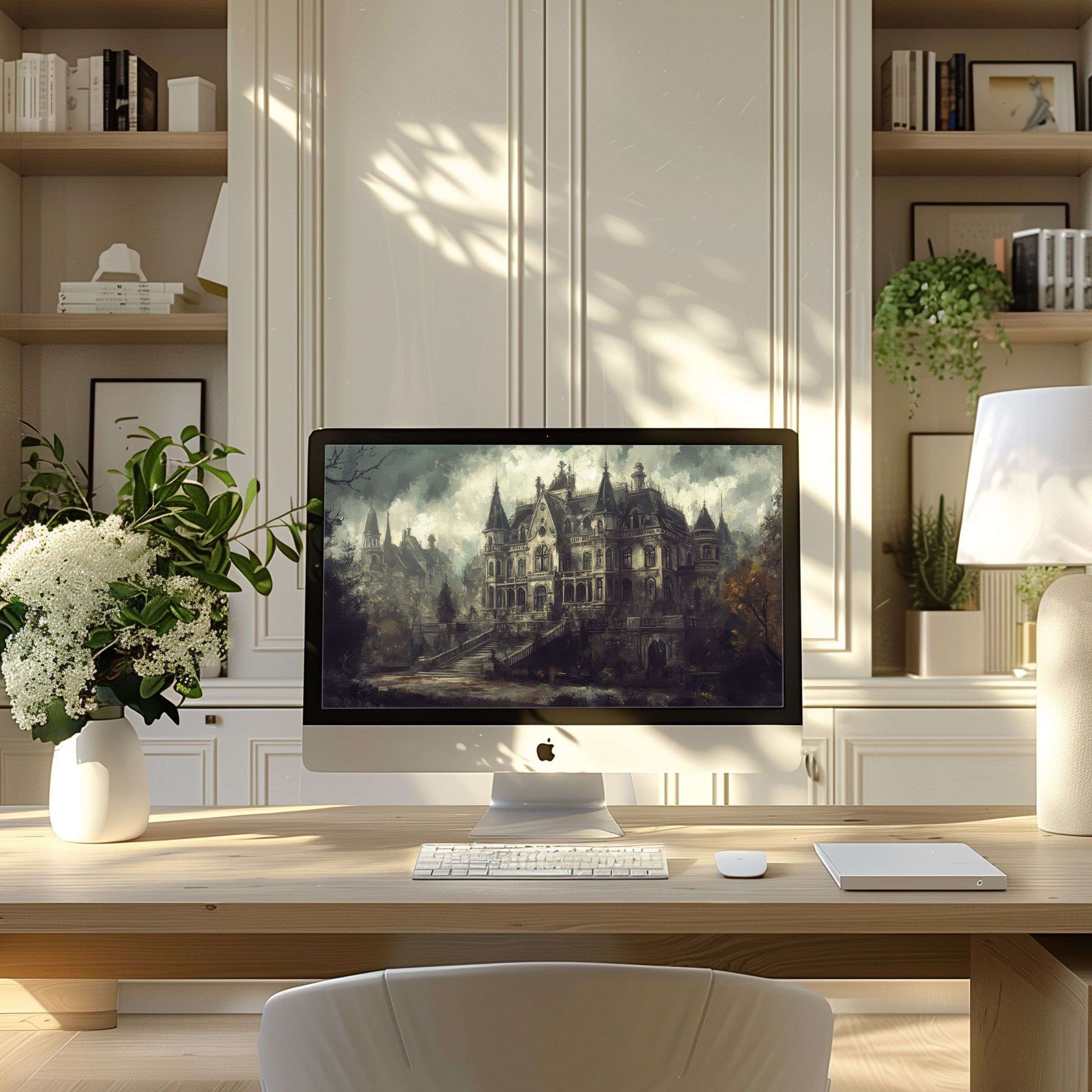 Elegant digital art of a majestic castle in soft greys and greens sets the tone for a peaceful wallpaper for computer PC or laptop