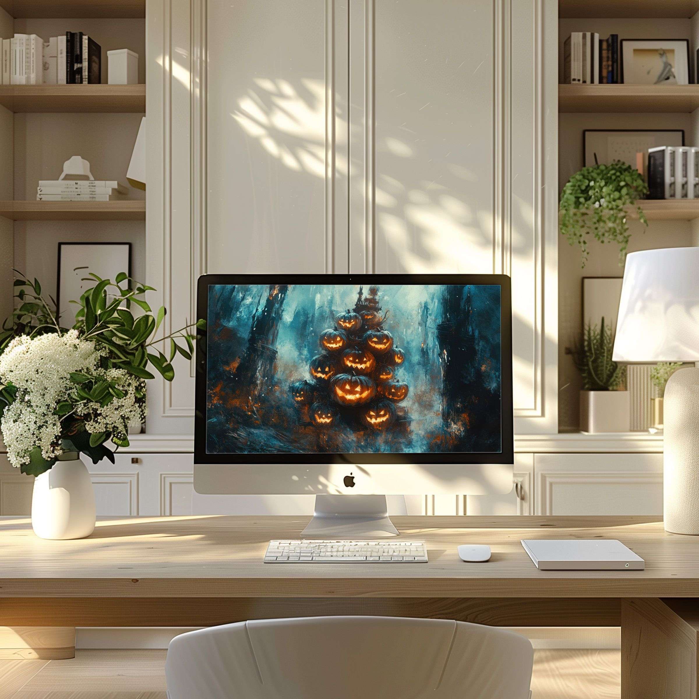Elegant forest-themed digital art as wallpaper for computer, PC, or laptop adds calm and inspiration to modern home office