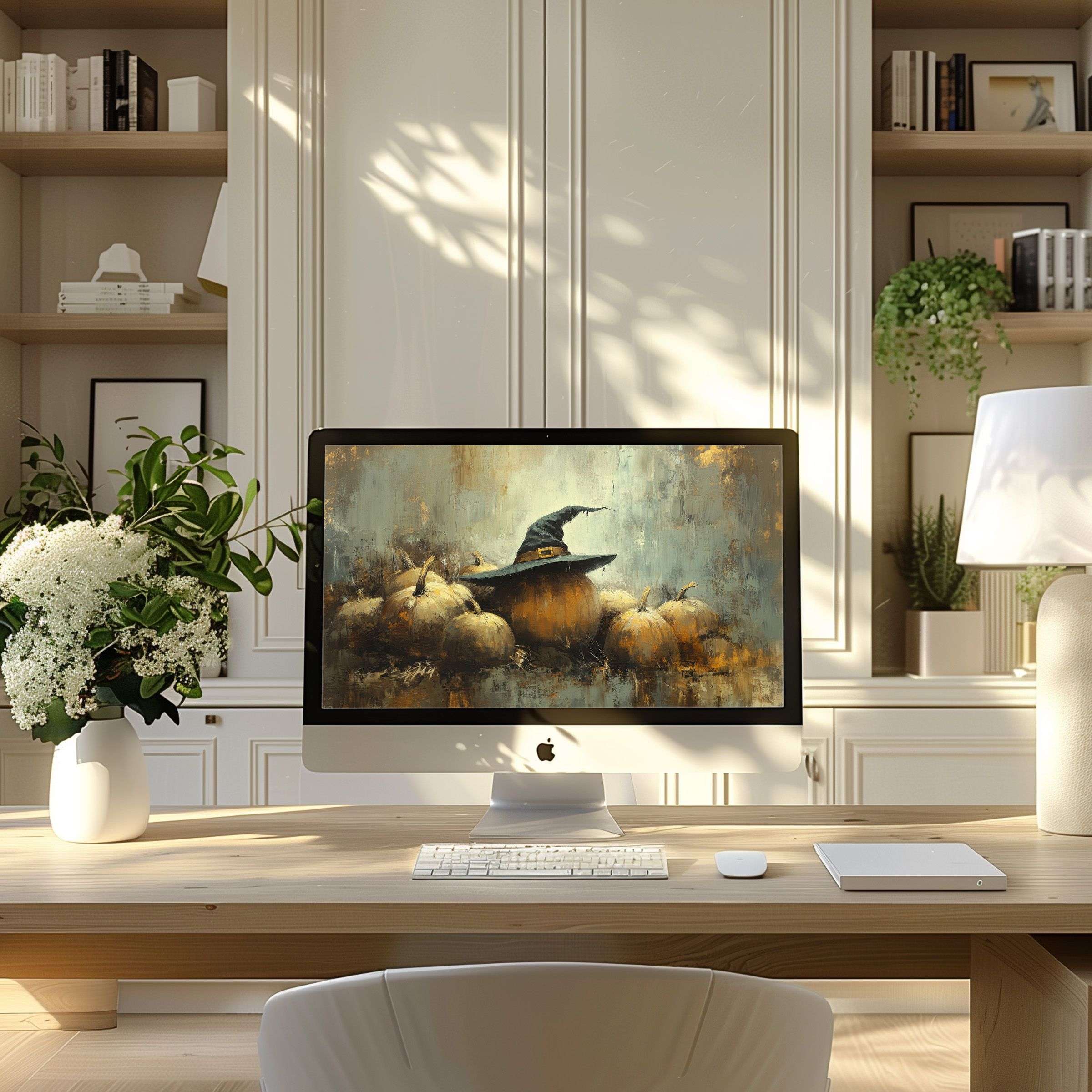 Calming pumpkin and witch hat artwork wallpaper for computer creates elegance and inspiration, fits PC and laptop digital download