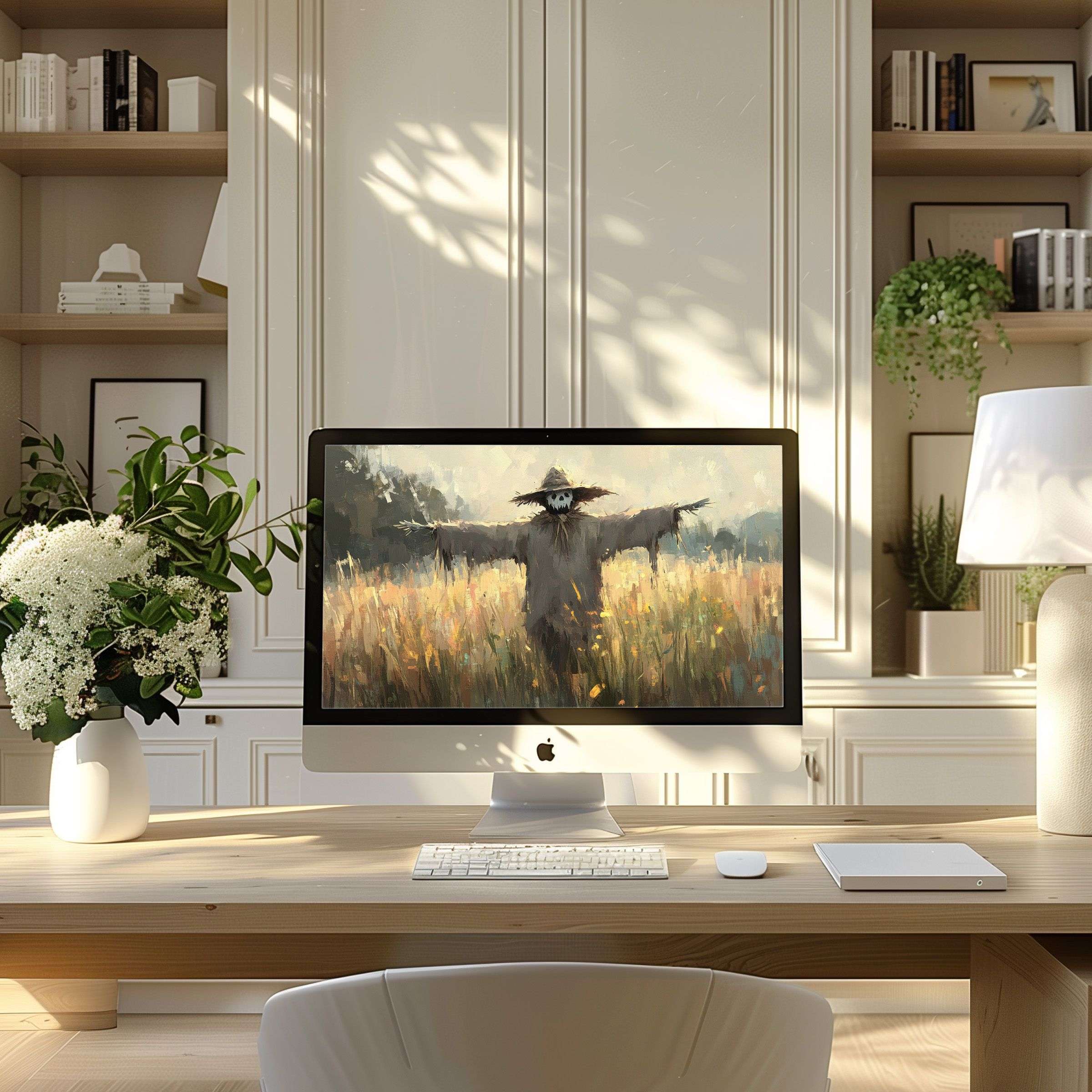 Elegant scarecrow digital art offering calm and inspiration as a wallpaper for computer and laptop in modern home office