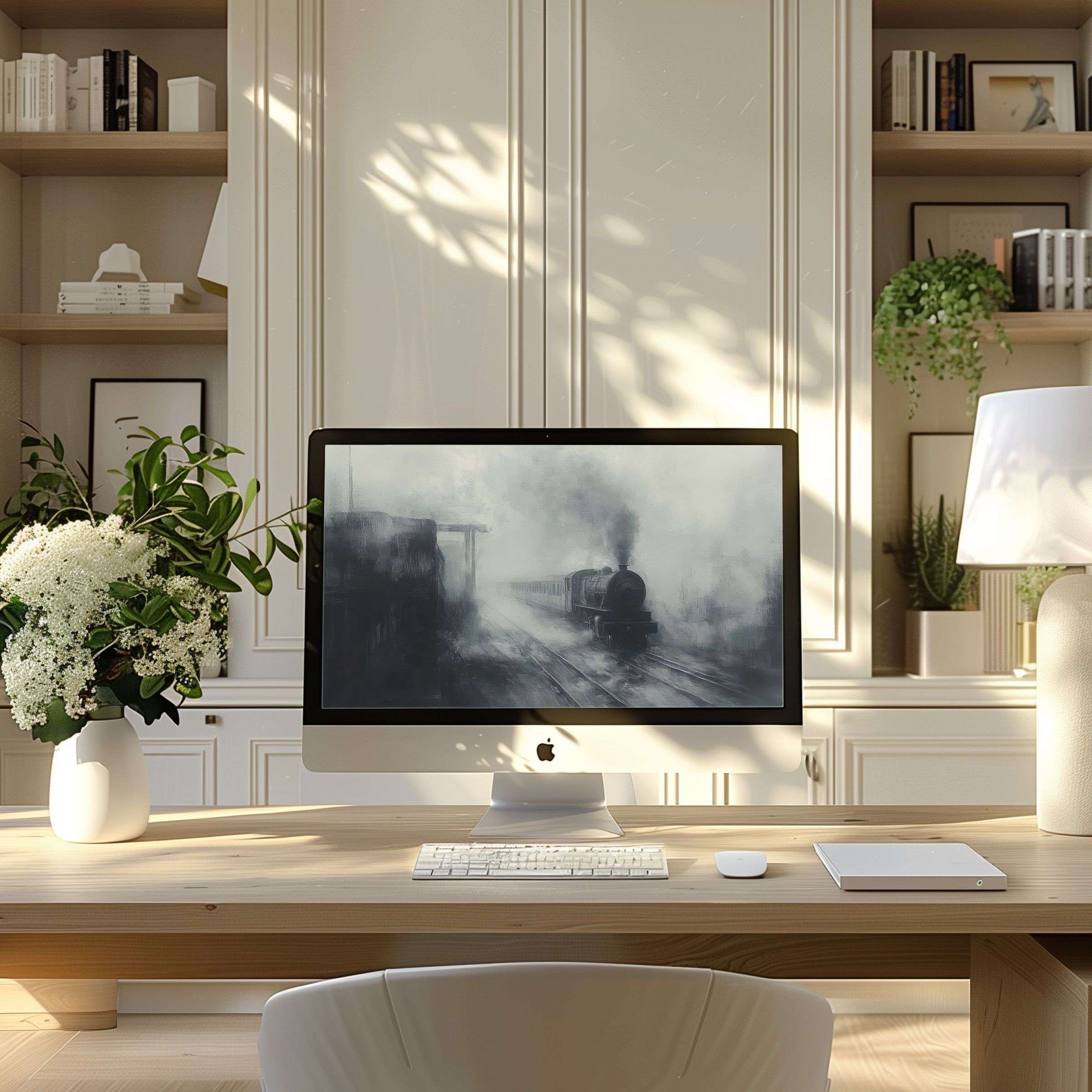 Elegant digital artwork of a steam train emits calm on a modern home office PC laptop wallpaper for computer download