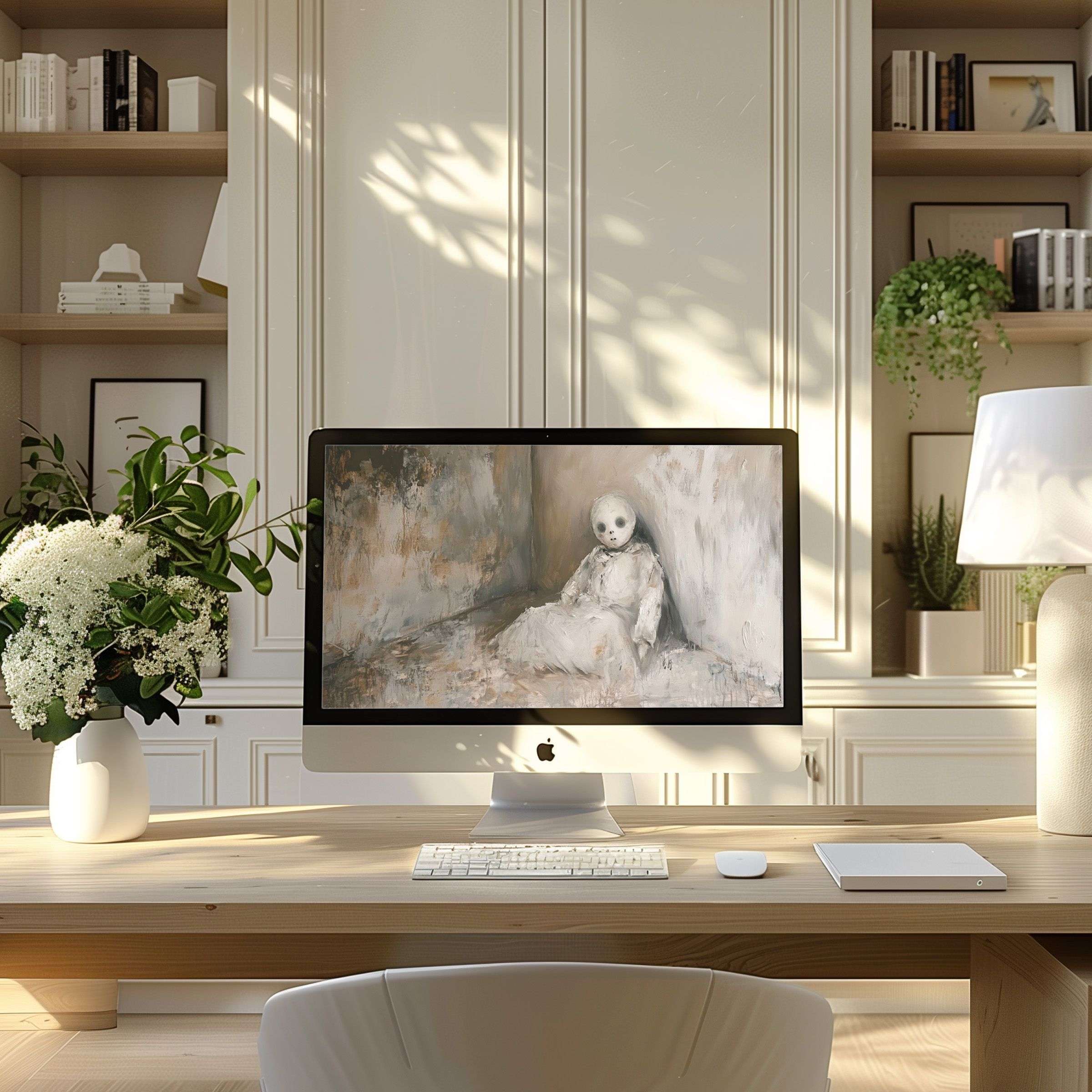 Calming abstract art wallpaper for computer in neutral tones enhances a modern PC or laptop setup inspiring serene elegance