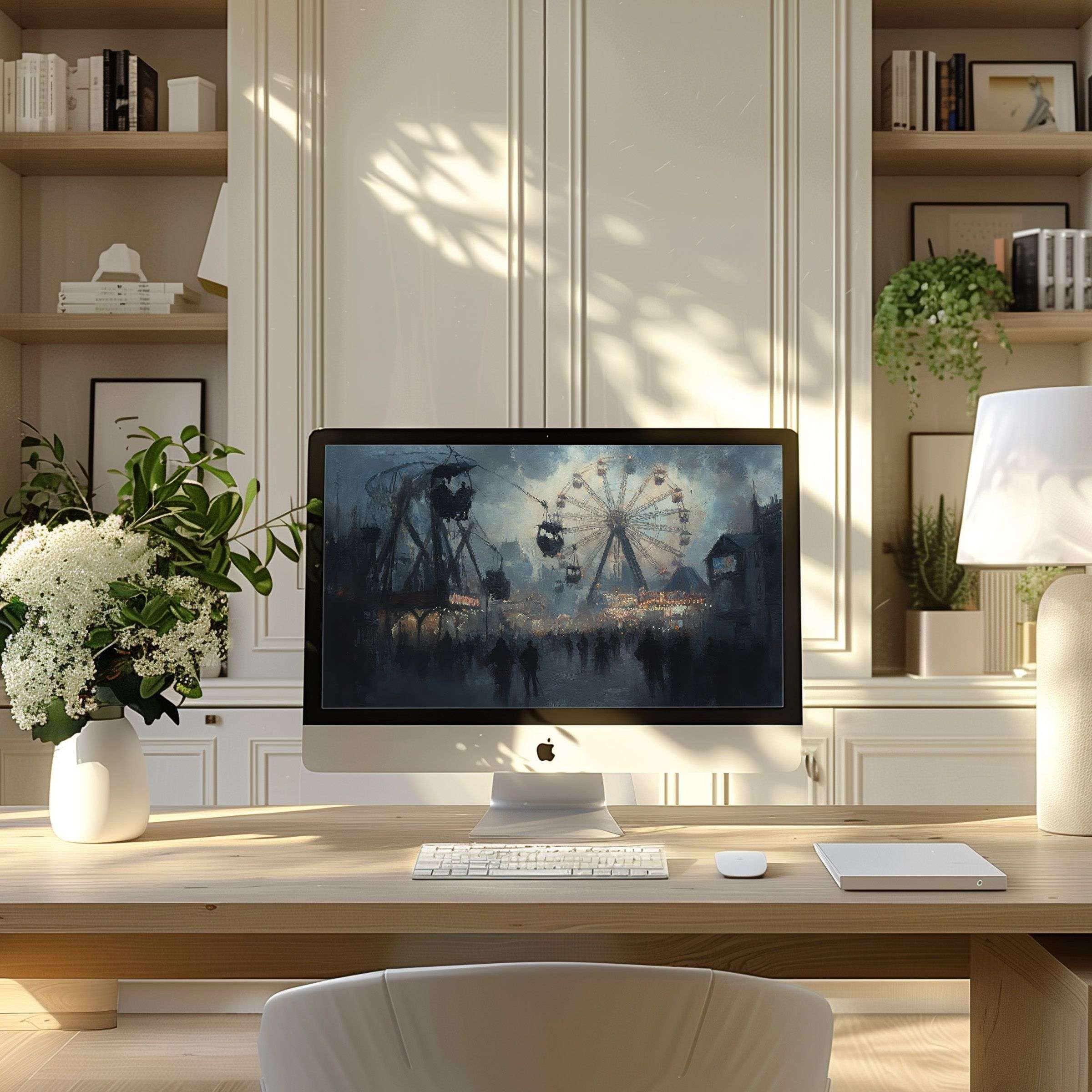 Serene carnival scene wallpaper for computer inspires elegance in a modern home office, perfect for PC, laptop, or ultrawide download