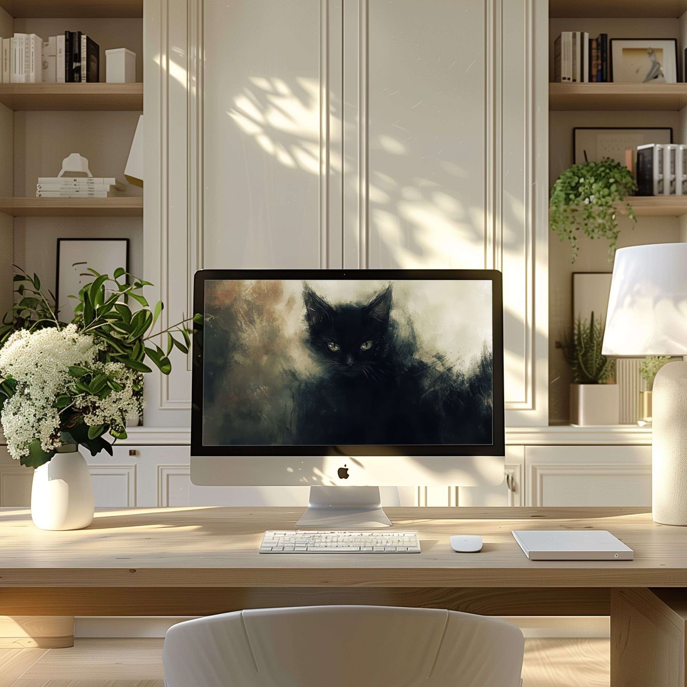 Elegant black cat digital art wallpaper for computer creating a calm, inspiring aesthetic in a modern home office for PC or Laptop