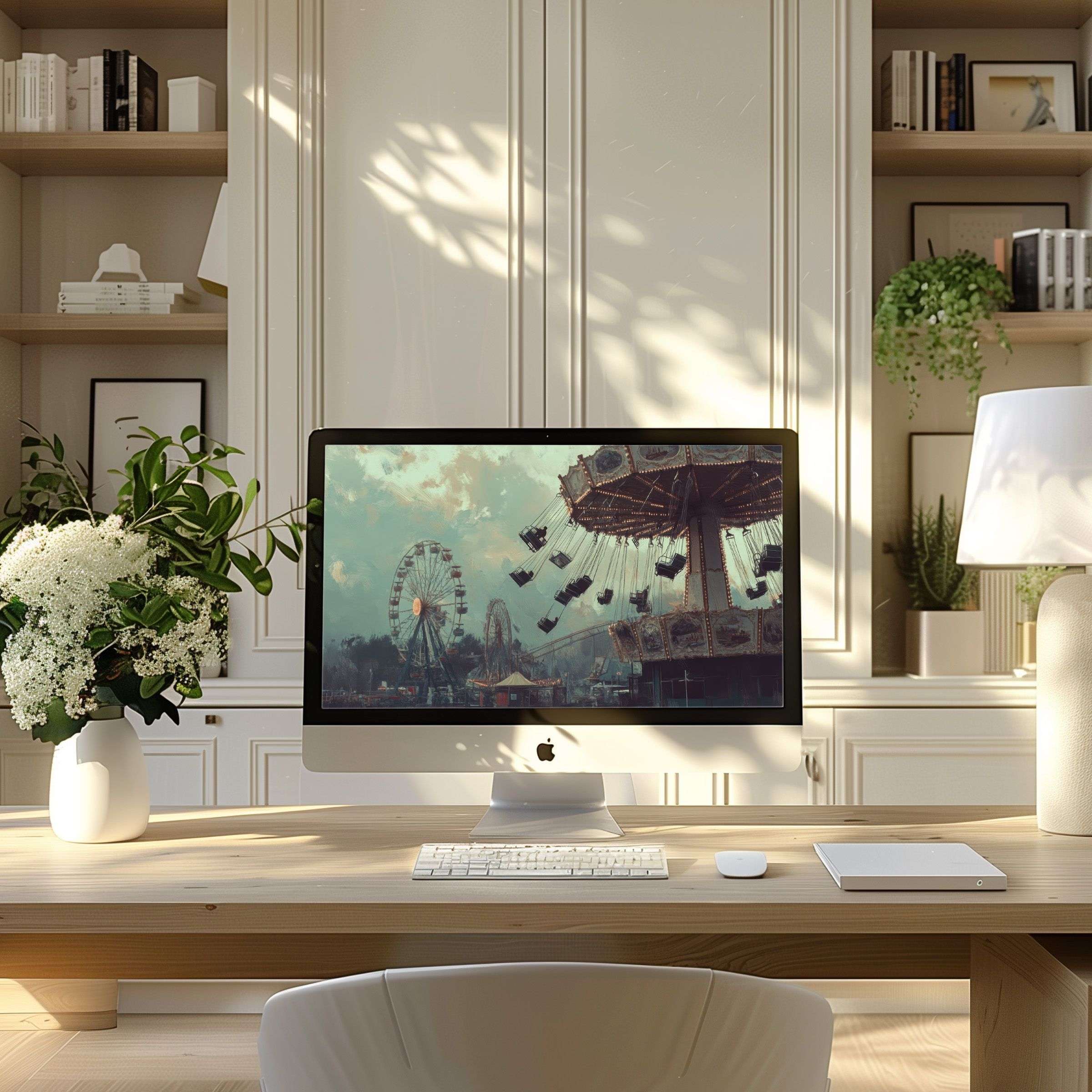 Elegant carnival-themed wallpaper for computer evokes calm and inspiration in a modern home office setting for PC or Laptop