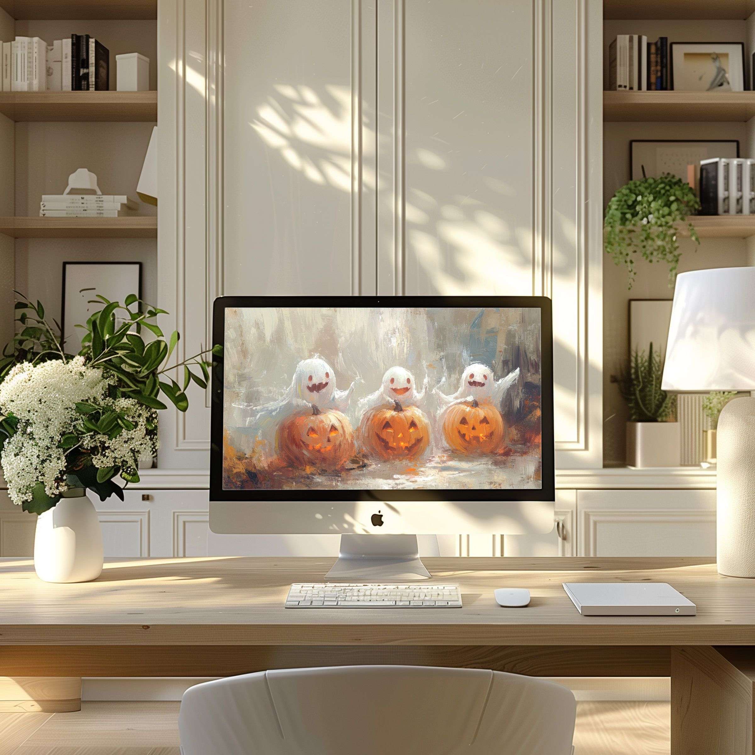 Elegant digital art of whimsical ghosts and pumpkins offers inspiration and calm, perfect wallpaper for computer, PC, or laptop download