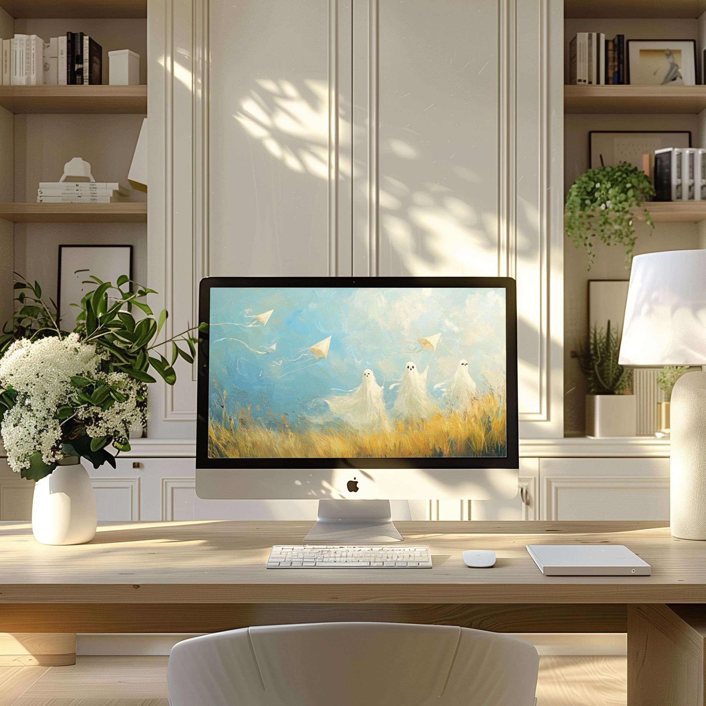 Elegant watercolor landscape as wallpaper for computer evokes calm in modern home office fits PC and Laptop digital download