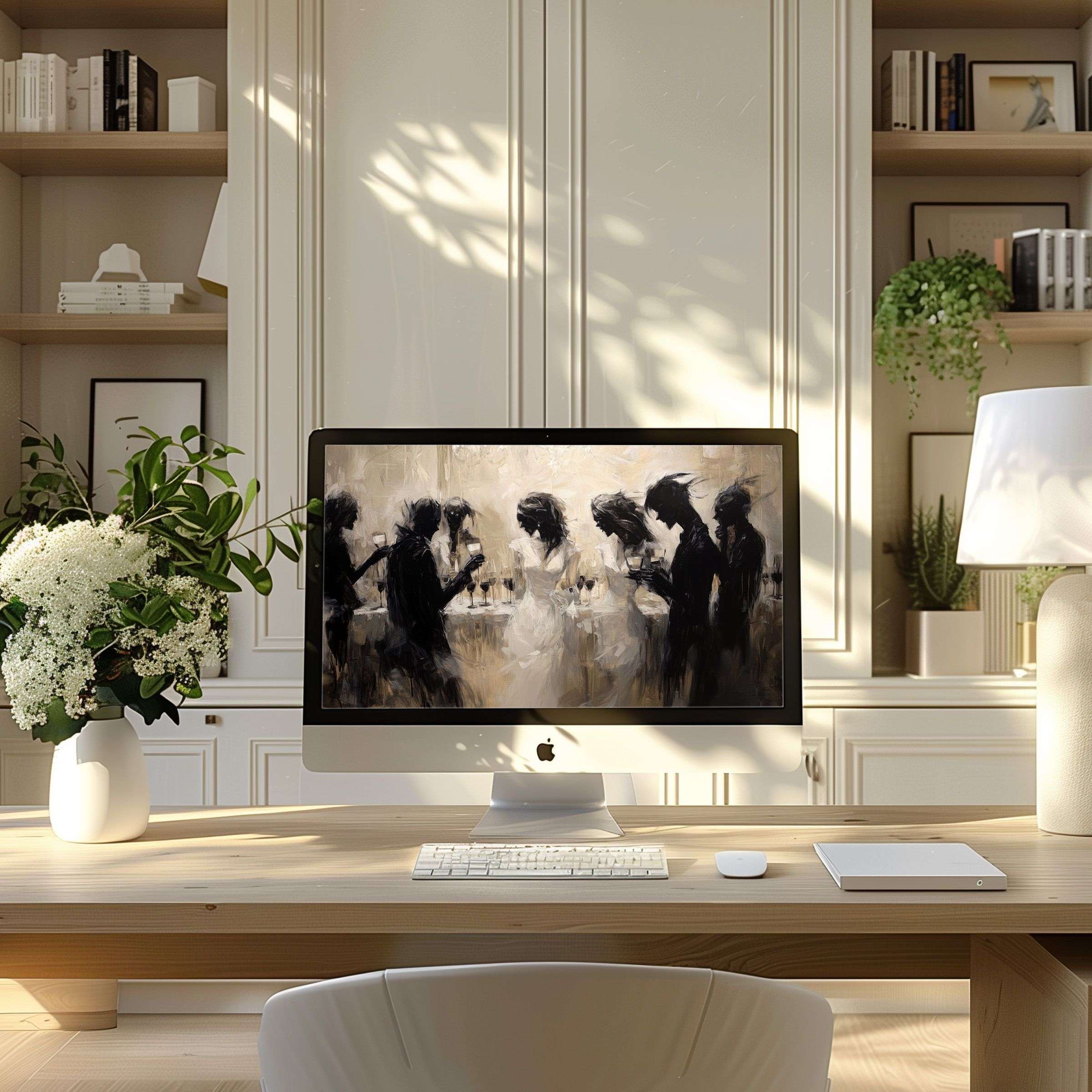 Serene abstract artwork in monochrome tones as wallpaper for computer, PC, laptop; fits modern home office, inspiring calm elegance