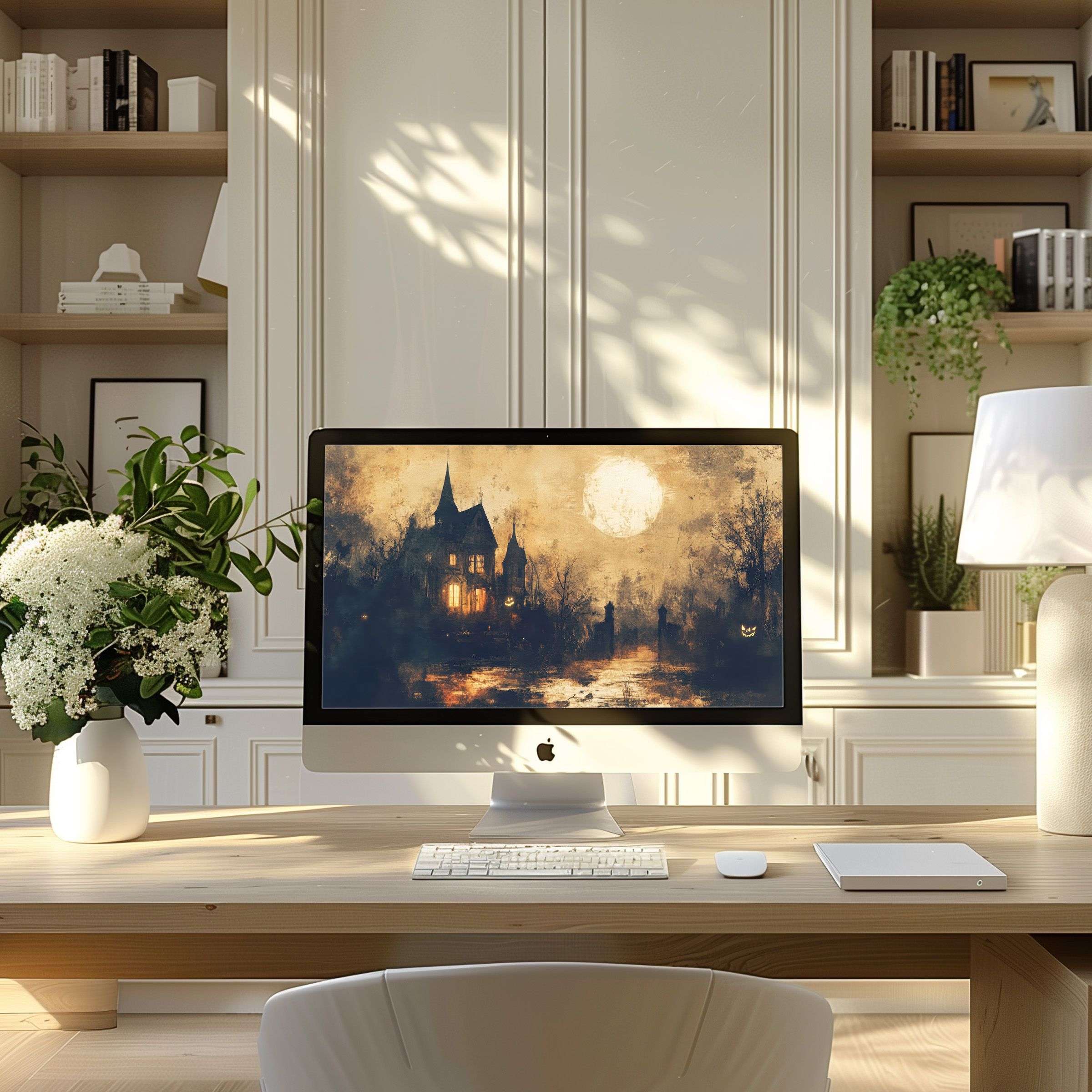 Elegant digital art wallpaper for computer, PC, and laptop in modern home office inspires calm and fits ultrawide screens