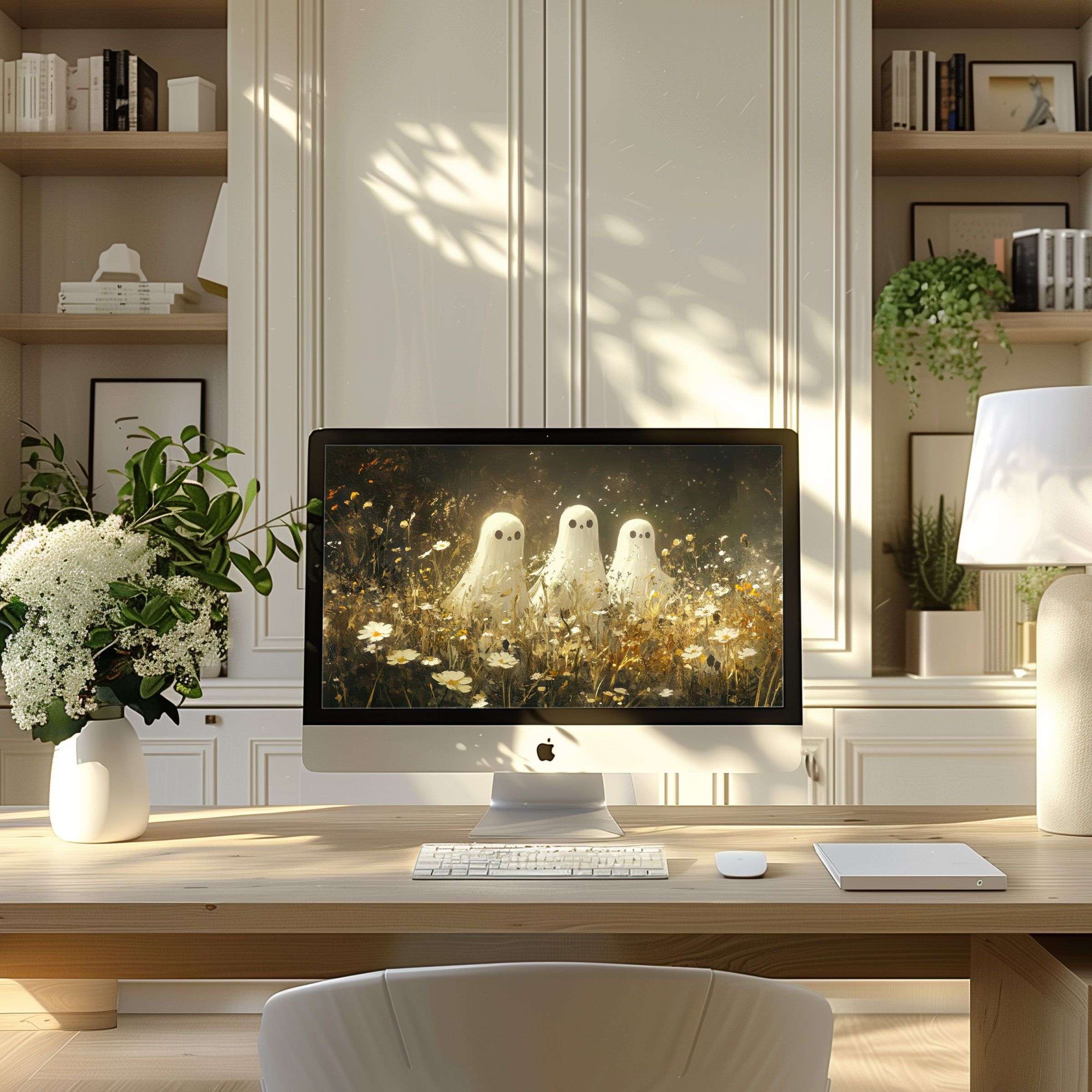 Elegant digital art wallpaper for computer featuring ethereal ghosts in a meadow, ideal for PC, laptop, calming home office decor