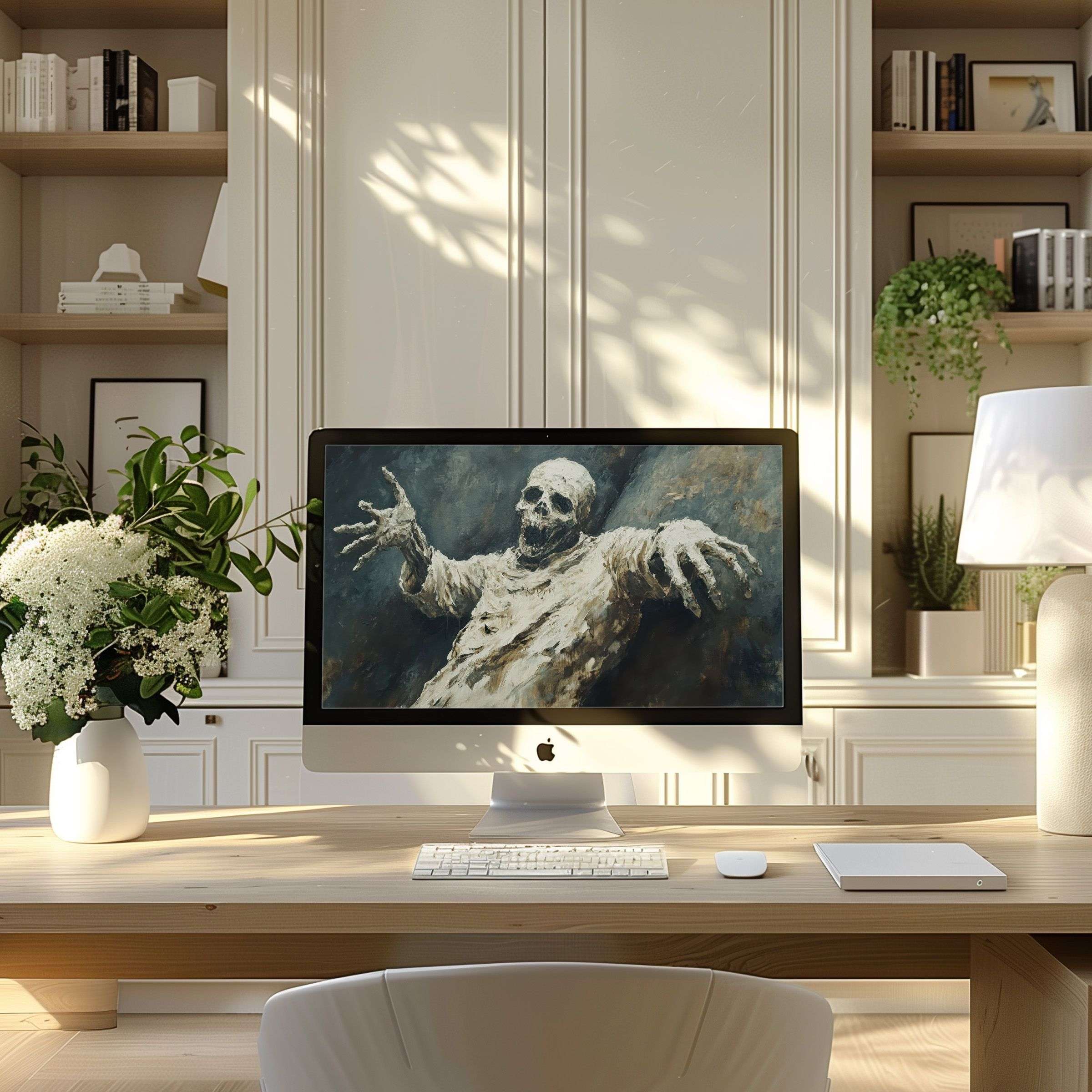 Modern abstract digital art wallpaper for computer, PC, and laptop evokes tranquility and sophistication in a stylish home office