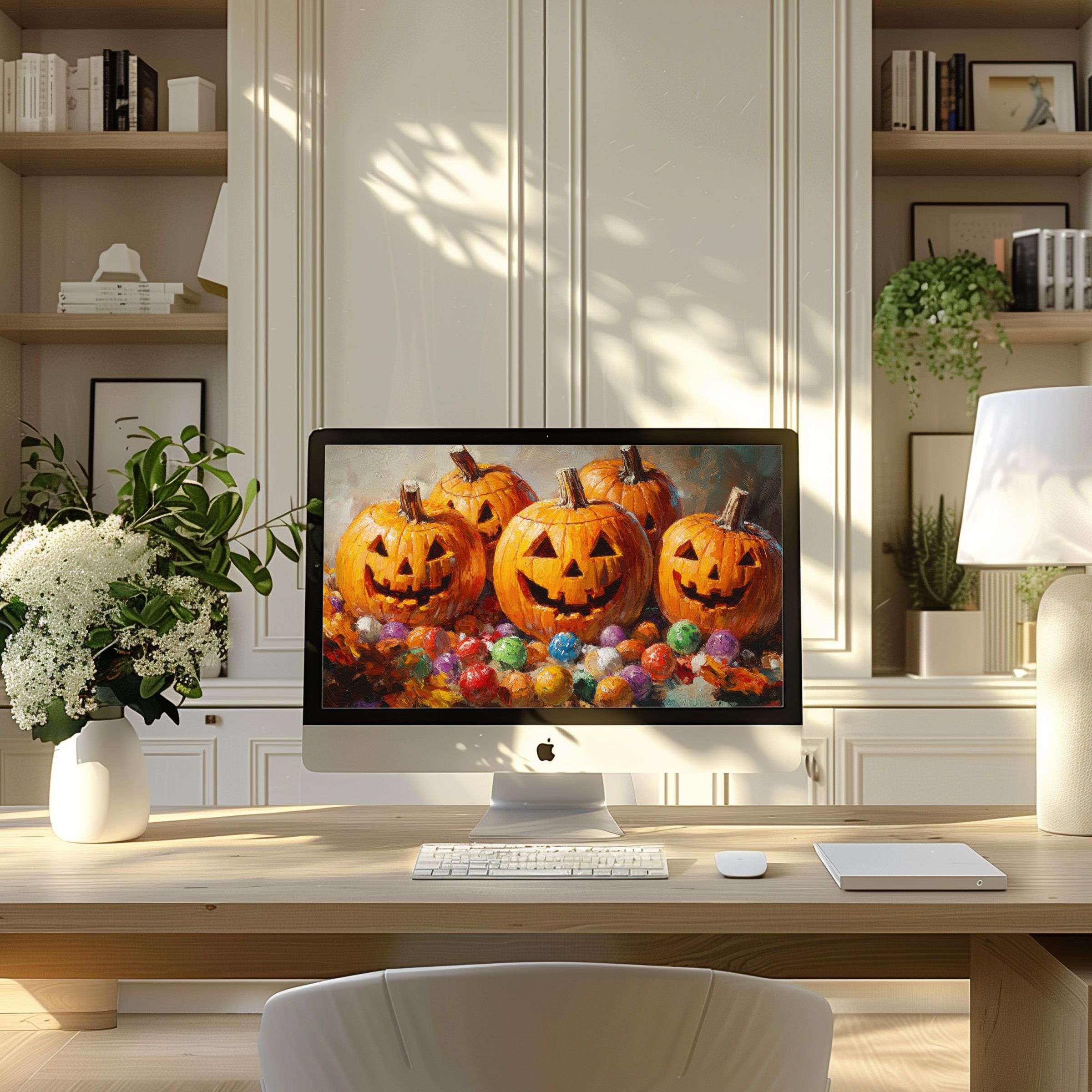 Elegant pumpkin art scene as wallpaper for computer on modern home office desk enhances PC and laptop inspiration and calm ambiance