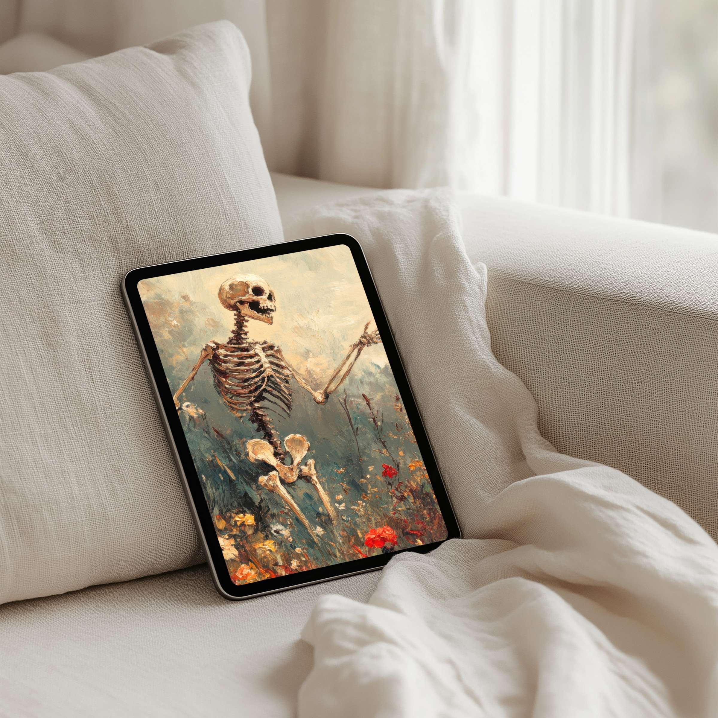 Elegant skeleton art iPad background inspiring calm mindfulness fits any tablet instant download for serene digital aesthetics