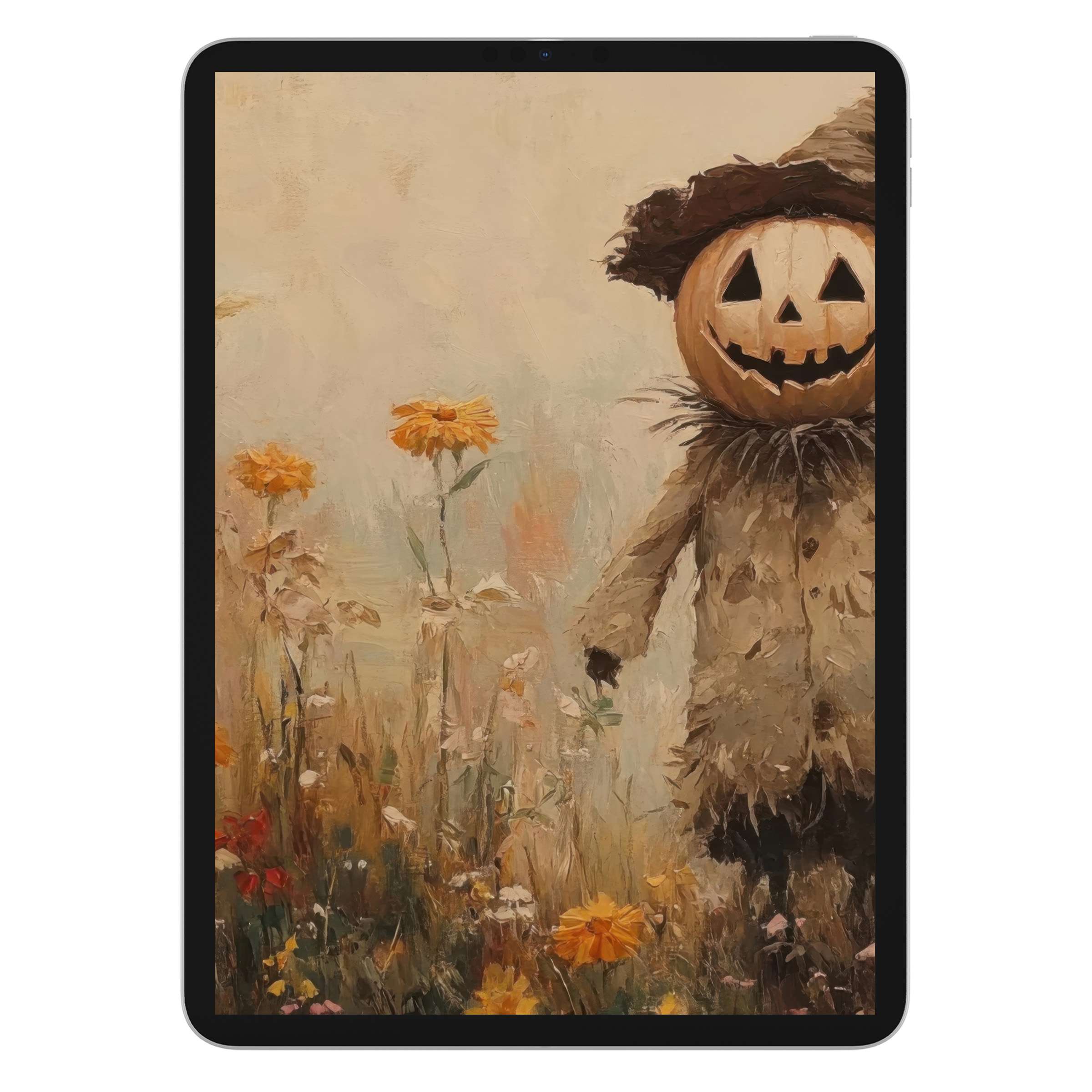 Elegant halloween iPad wallpaper with rustic scarecrow painting among wildflowers offers a serene digital download, perfect tablet background