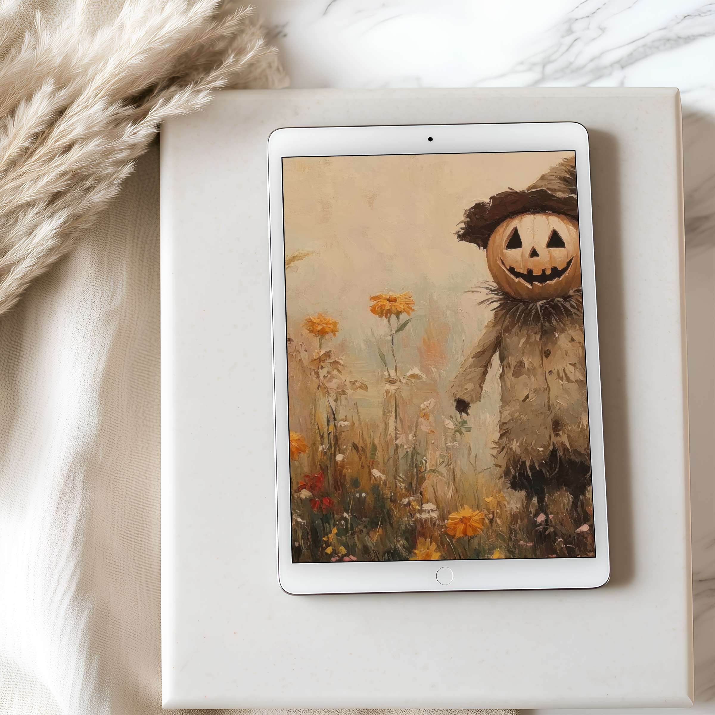 Elegant tablet wallpaper featuring a serene autumn landscape with a whimsical scarecrow, perfect for iPad in high resolution, calming digital download