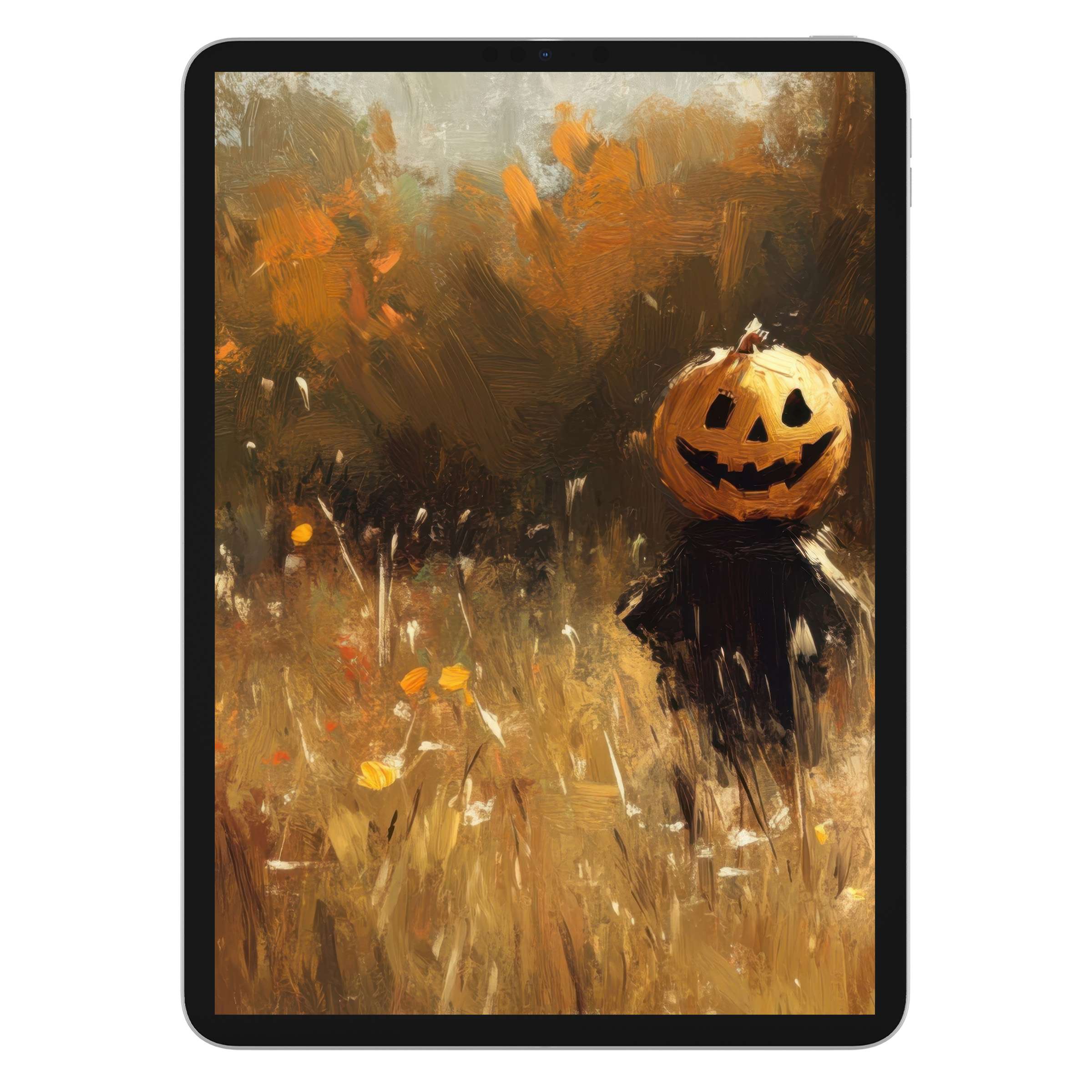 Autumn hues and a pumpkin face define this serene halloween iPad wallpaper, perfect digital download for tablet background elegance