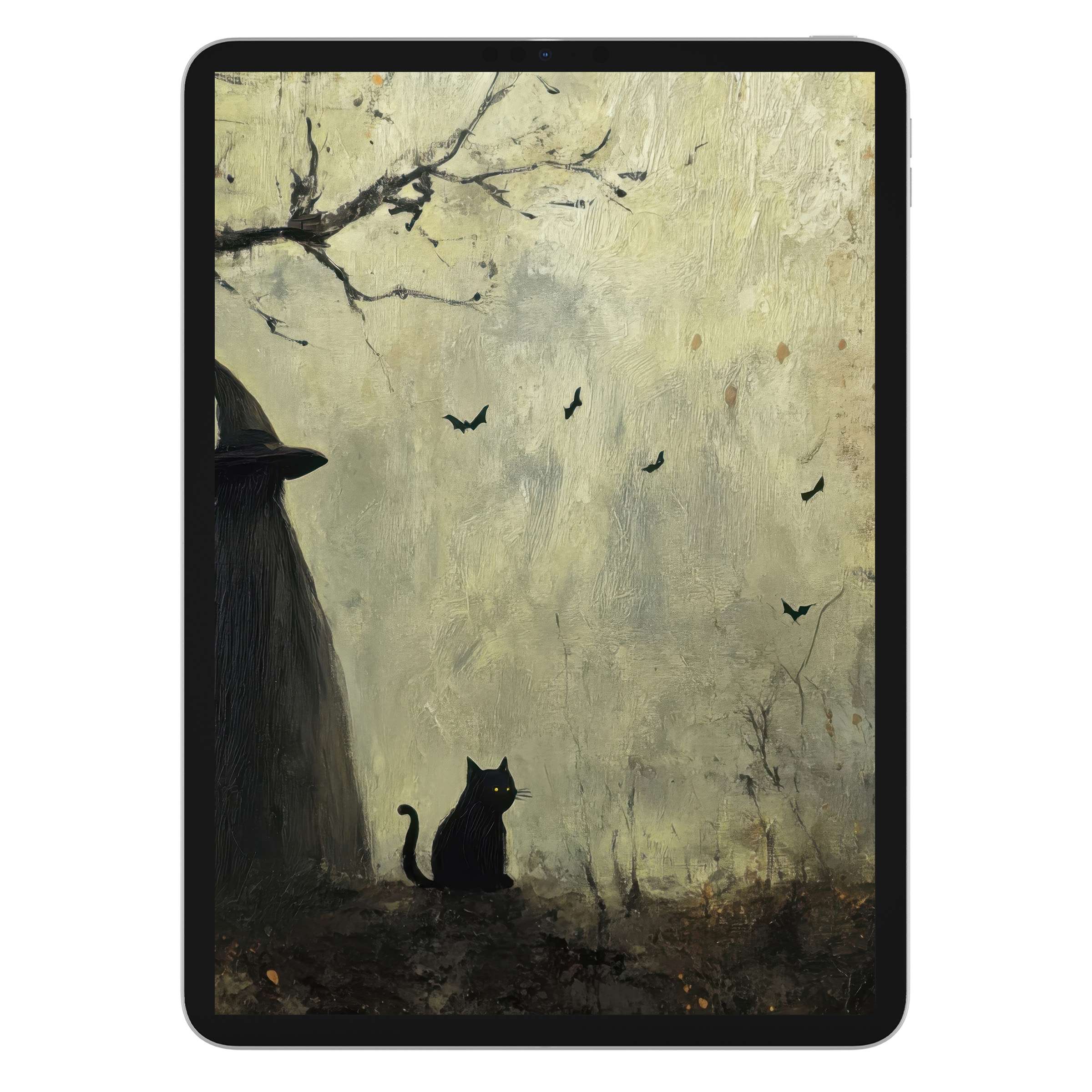 Mysterious halloween iPad wallpaper with elegant black cat, bats, and textured branches, perfect for digital download tablet background