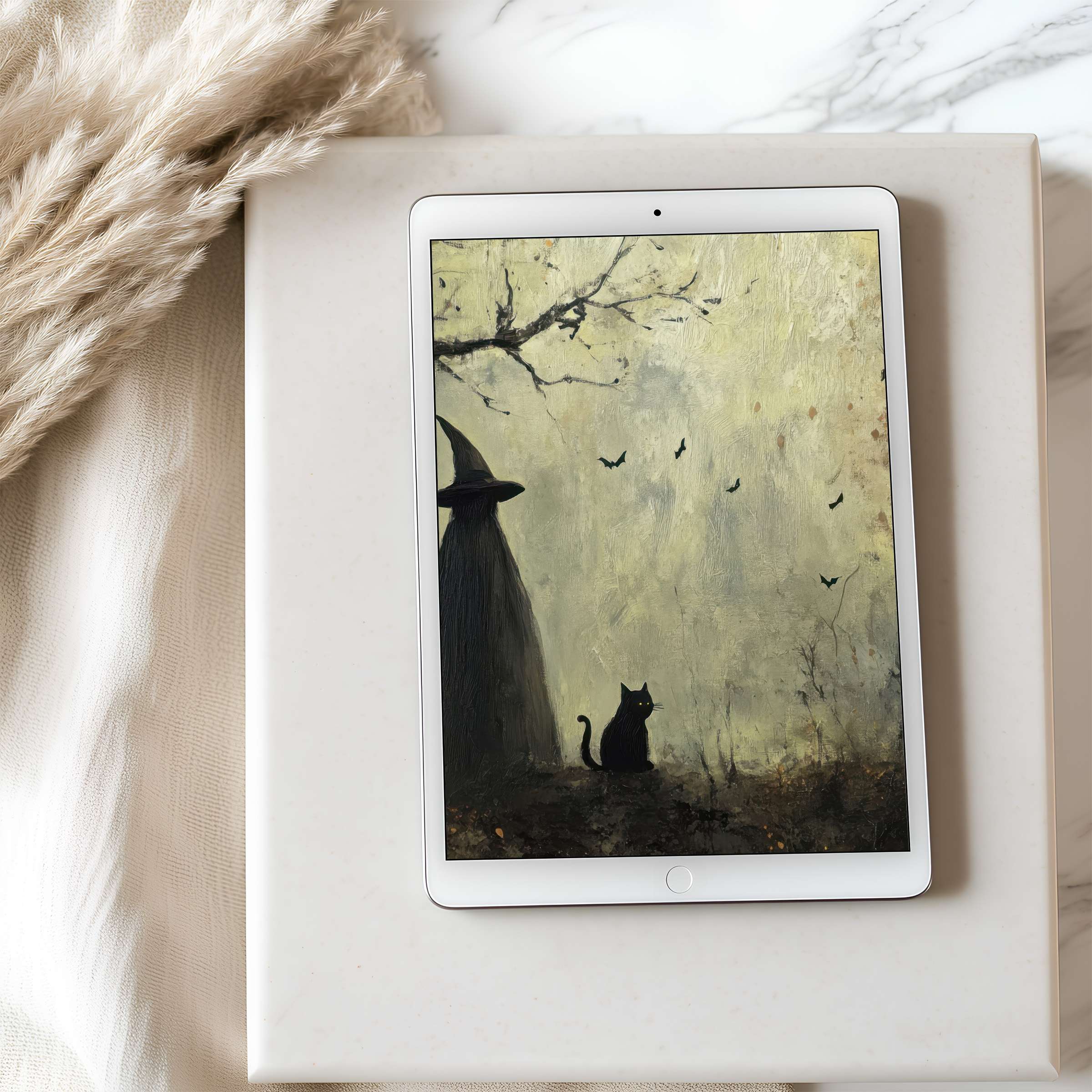Elegant tablet wallpaper with a mystical silhouette and cat in muted tones adds serene ambiance to interiors suitable for high-resolution iPads