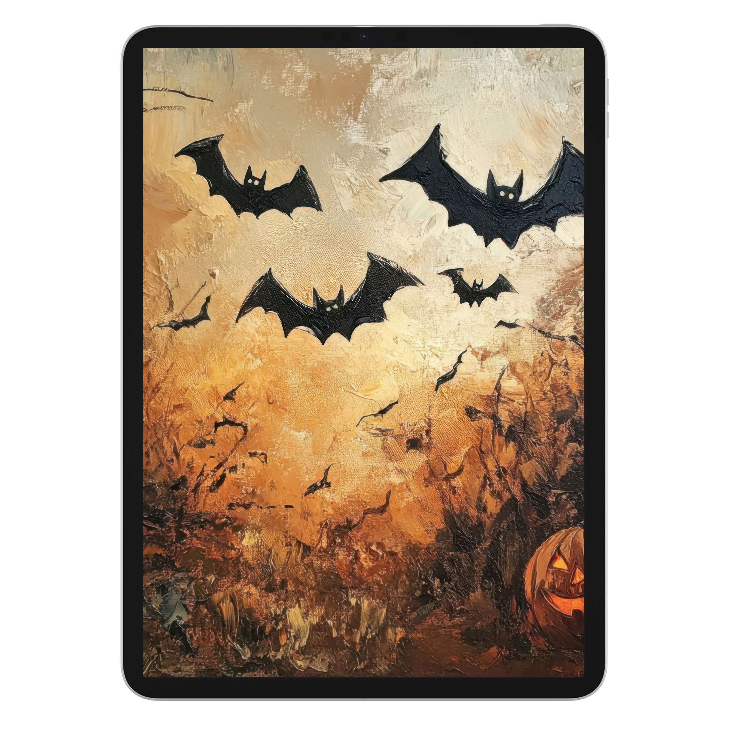 Elegant halloween iPad wallpaper for tablet background in rich autumn hues with flying bats, perfect digital download for seasonal charm