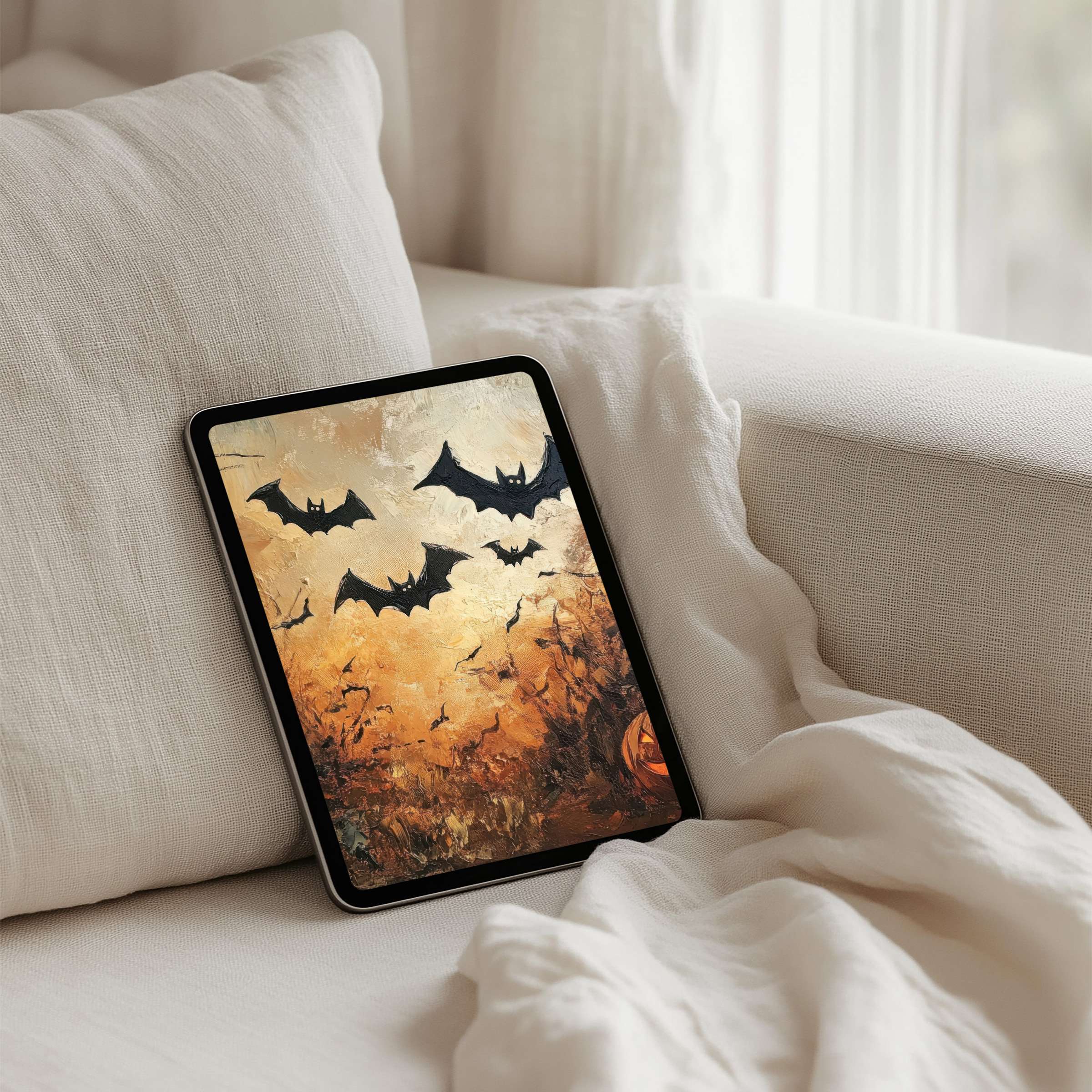 Elegant digital art autumn scene with flying bats iPad background for tablet instant download inspiring calm and mindfulness